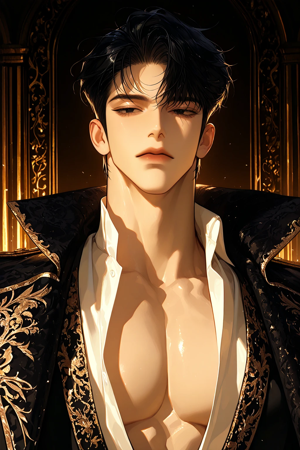 ​masterpiece, muito detalhado,most absurd, Feines Detail, HDR, 
nice FH_tao,  alone, Viewers look at, smile, chemise, black hair, 1 boy, hair between the eyes, jewellery, jacket, yellow  eyes, upper Body, male focus, ear rings, 项链, ear piercing ,male FH_face, fit FH_Body, showing sixpack, full body view
 