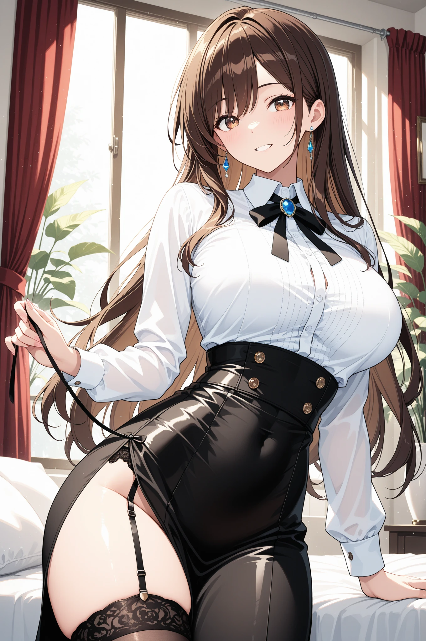 (((masterpiece, best quality, absurdities)))), 1girl,solo, young Brazilian woman (19 years old, natural and long black hair (length up to hip height)) in a Japanese school uniform(( white blouse
Short buttons, does not wear skirt, white thong panties with alloy, stocking skin color (beige))), huge breasts, beautiful girl, resplendent smile