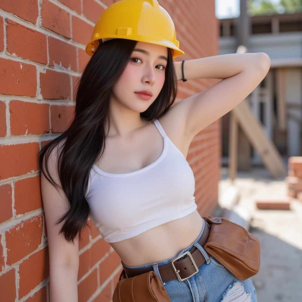 arafed woman in a construction woeker clothes, working on construction site, working on the top of high construction site, asian girl, cute asian girl, a hyperrealistic girl, hyperrealistic female construction worker , wearing construction helmet cute girl, on high construction sitr, skyscraper construction site, realistic girl, wear square motif shirt losse on the waist, wearing square motif shirt , weathered clothes, ripped clothes , carying building tools, cut t-shirts, big uncovered, major cleavage exposed, major , perfect body proportion, skimpy clothes, skimpy dress, mini skirt, very short pant, skimpy shorts, micro short, cheekbum, low neck cut shirt, unbuttoned shirt, open shirt, anatomically correct, super detail, high details, high quality, best body proportion, good proportion, perfect ratio body proportion, no extra limbs, no extra object result, on construction site at afternoon, with hard back lights or side light, bokeh construction site, warm sun light, light form back of the object, bokeh background, extreme light, rim lights on hair.