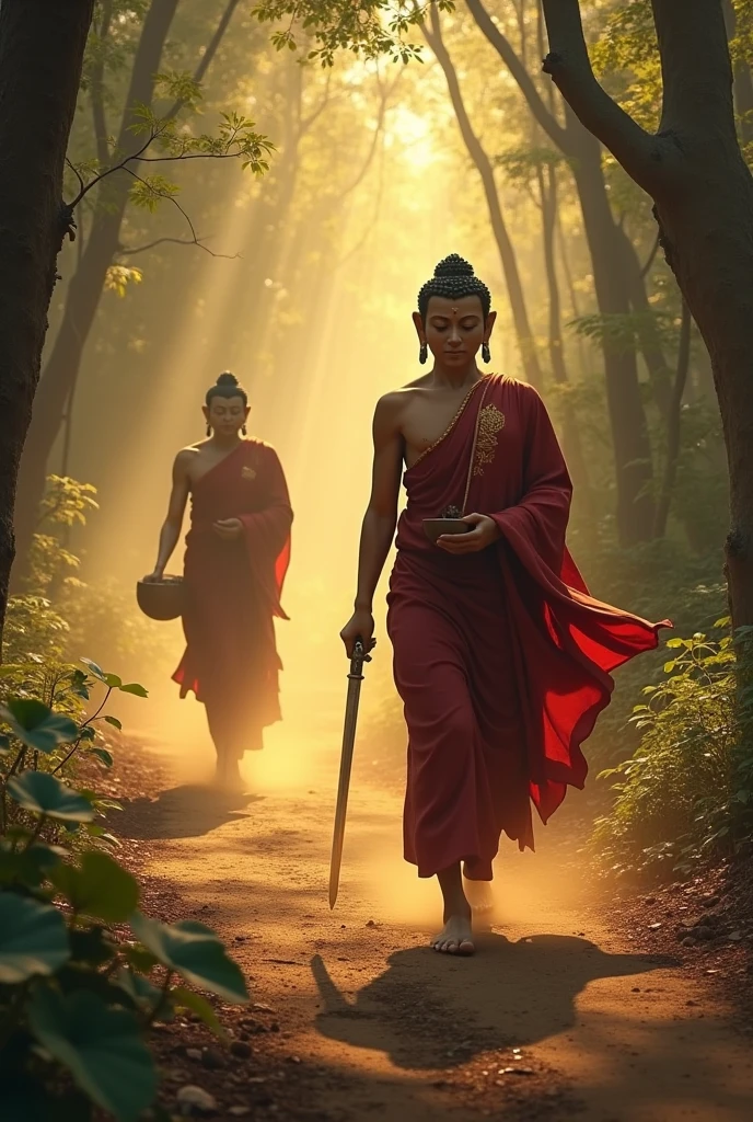 A serene scene in an ancient forest, where Gautama Buddha, dressed in simple saffron robes, walks calmly with a peaceful expression. Behind him, Angulimala, a fierce-looking bandit with a garland of severed fingers around his neck, chases after him with a sword in hand. The forest is dense with towering trees and a soft mist in the air. The Buddha is untouched by fear, exuding an aura of calm and compassion, while Angulimala, with wild eyes, struggles to close the distance between them. The light filters gently through the trees, highlighting the contrast between the Buddha's tranquility and Angulimala's desperation