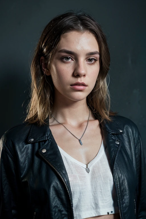 (masterpiece, photorealistic:1.4, extremely intricate:1.3, radiosity, photon mapping, dtx, 8K), ((((closeup necklace, white t-shirt, humid)), humid, [skin detail:freckles:0.5], 19 year teenage supermodel), dark room, ((black background, dark room, empty room, makeup:1.2, clear bright colored eyes)))