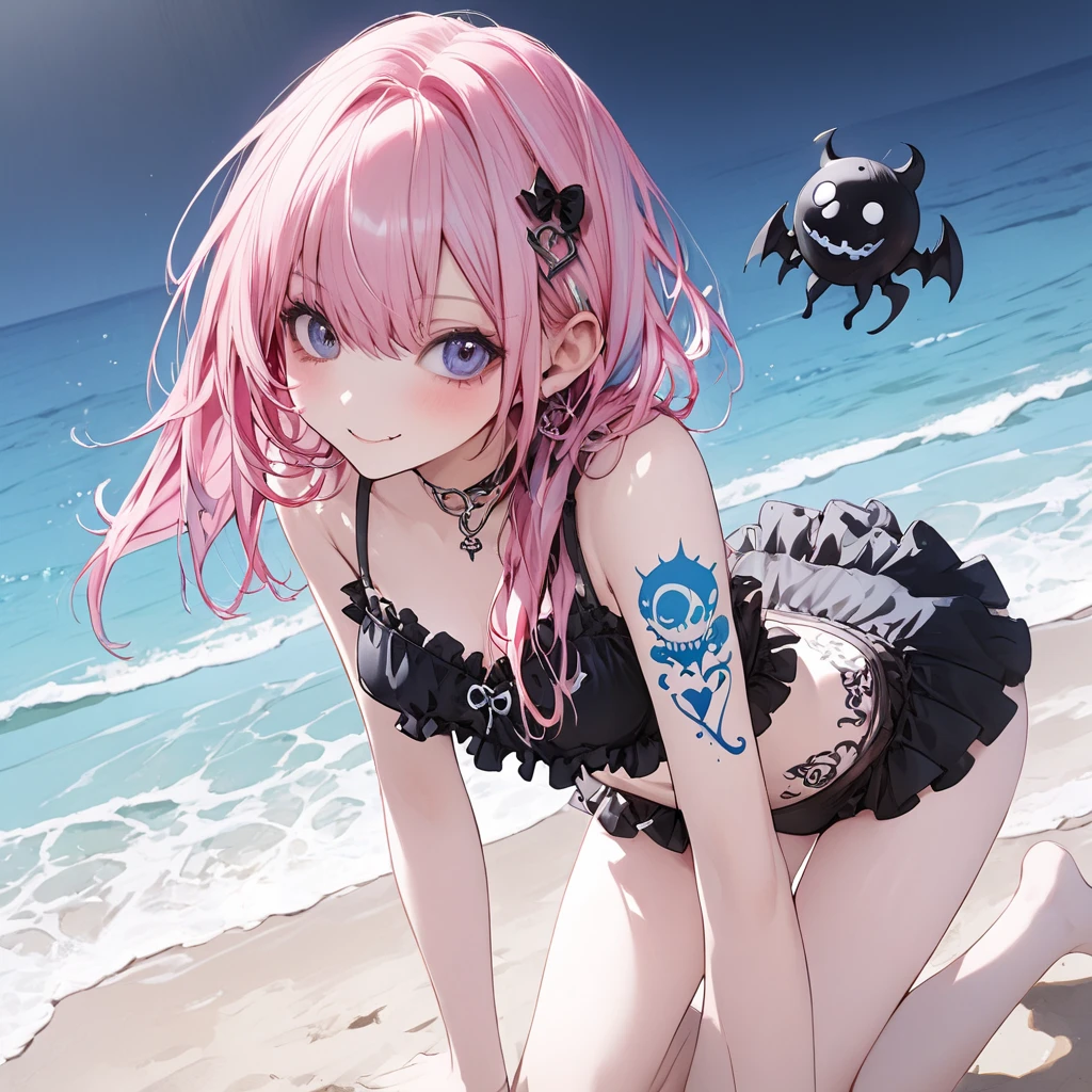Succubus. Blue hair Blue eyes. Blue horns. Slight blush. Slight smile. Small . Male. Slightly feminine. Blue tail. Slight blush. Toungue out. Panties showing. Submissive. Bikini. Beach. Laying down