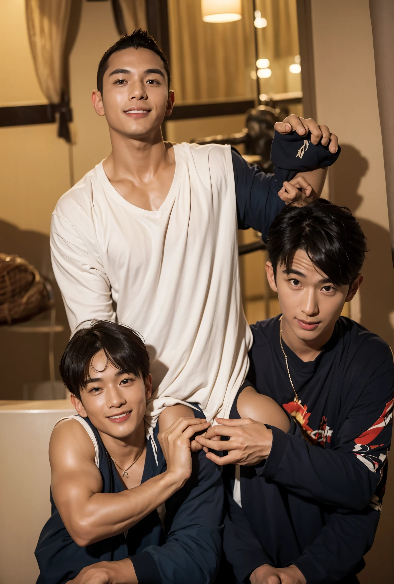 Nude Handsome teenage korean boy singer idol 18 years old,comma hair, skinny fat body, walking red carpet with nude shirtless necklace golden watch, dark green underwear,five star hotel terrace hallway, sunlight ,among many people greeting in hotel