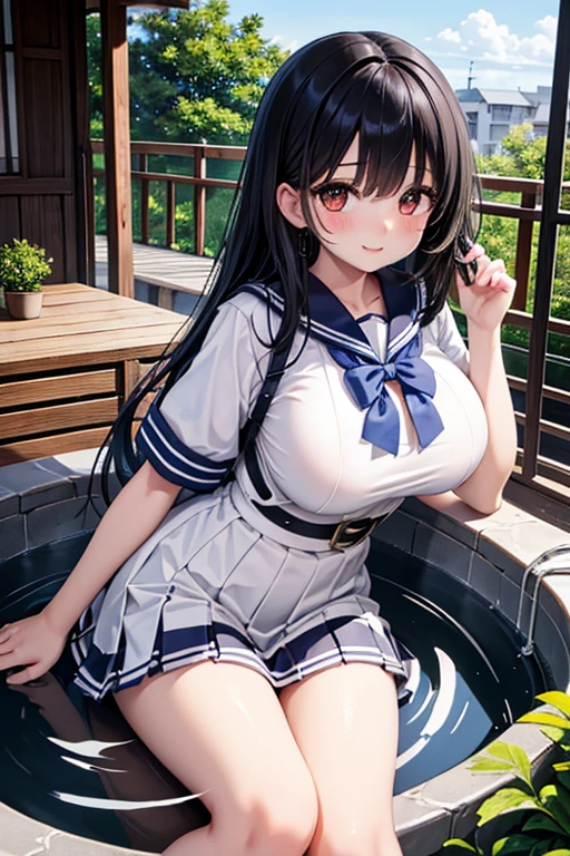 school girl twin tails hair , (masterpiece, best quality:1.2), in the bathtub, school girls , smile, looking at viewer, jk school girls outfit, tight shirt , wet clothes, soaked, wet hair, wet skin, translucent, glistening with oil , dishevelled , skirt dark red , plaid skirt , pleated skirt , Tight shirt , white Shirt , school girl , red knot , red bow , school , skirt is adjacent to the chest , big breasts , big tits , showerhead