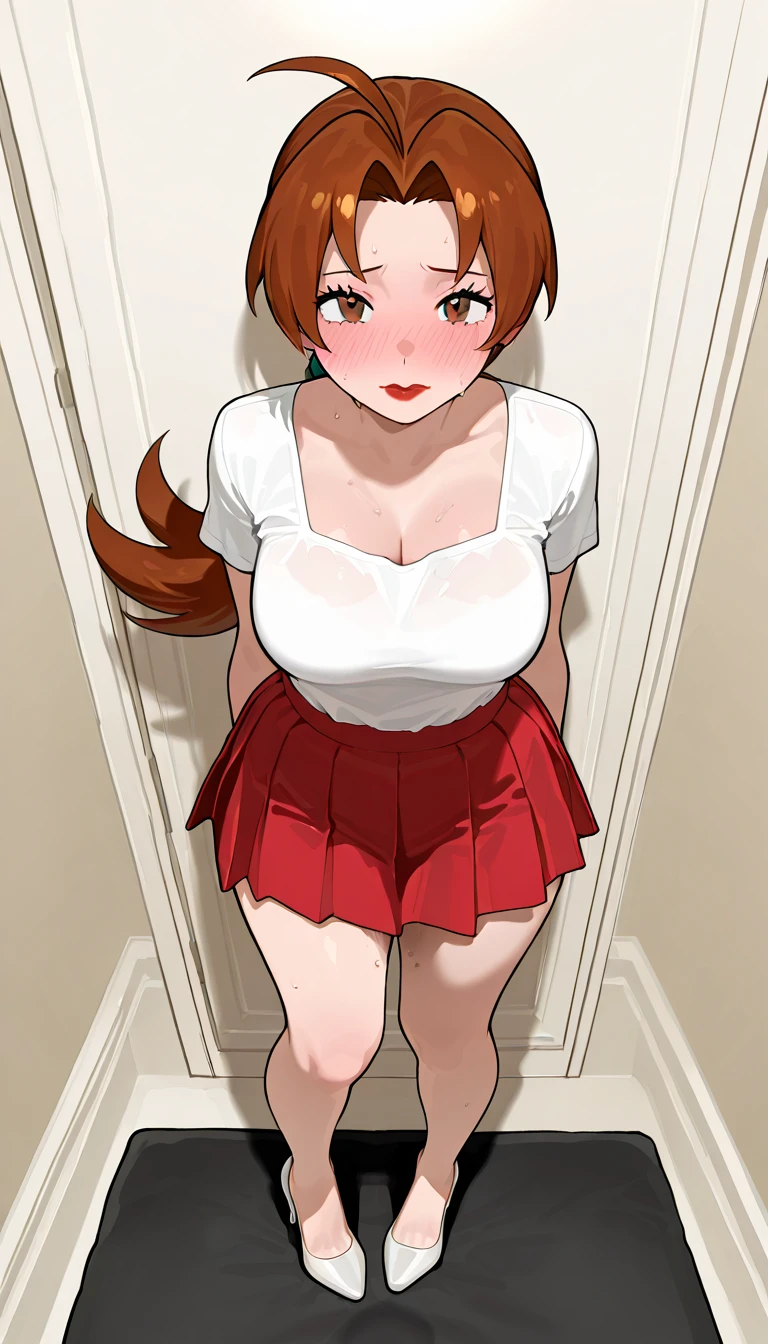 ((masterpiece)),((highest quality)),Super detailed,figure,1 girl,alone,chest,brown hair,large chest,blue eyes,black background,ponytail,long hair,ribbon,hair ribbon,smile,dress,looking at the viewer,pointed finger,Put your own hands together,purple eyes,bow,skirt,hair bow,high-waist skirt,light smile,under bust,cowboy shot,game character,(game CG),Takase Shino,Saiminjutsu 2,clavicle,(camel toe:1.1),Are standing,(anime screenshot),bangs,beautiful Finger,beautiful long legs,,beautiful body,,beautiful Nose,beautiful character design,perfect eyes,perfect face,attractive,official art,Highly detailed CG Unity 8K wallpaper,perfect lighting,colorful,ultra High resolution,4k,photo shoot,8K,HDR,High resolution,(between legs),(beautiful, large chest:1.4),(beautiful顔:1.5),(tight waist),(full body:1.5),indoor,anger,blush,shame,closed mouth,indoor,district,bed,white ,NSFW、No bra、nipple丸だし、whiteい紐パンティー、Panmoro、sexy、naked、全naked、spread your legs、、nipple、綺麗なnipple、Titty fuck