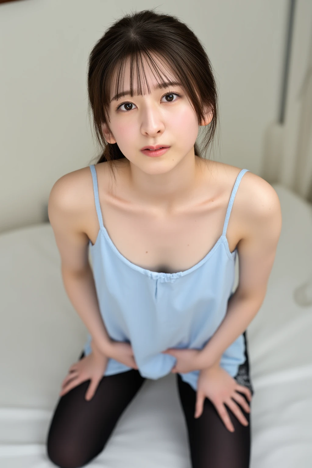 ((highest quality), 4k, High resolution, masterpiece),
(Full Body Shot:1.6), (Looking Down from Above:1.7),
Bright Morning:1.7, (flat lighting:1.8),
((Staring into the camera:1.6)),
a 11 yo perfectly beautiful girl(neat and clean:1.4, (delicate:1.6), (young:1.6), cute, slim, thin, Pale skin, japanese junior high school girl:1.3),
detailed beautiful face((baby face:1.7), small face:1.7, No makeup, Moist lips, parted lips:1.7, (protruding ears:1.6)),
Beautifully detailed eyes(Symmetrical eyes, Dark brown eyes, Big round eyes:1.6, Shining Eyes, double eyelid, Delicate eyebrows, delicate eyelashes, (eye bags:1.6)),
young body(Delicate clavicle, Narrow shoulders, flat chest:1.1, (Short torso:1.1), small nipples:1.6, pussy with no hairs:1.2, Thin arms, low chest, Tight waist:1.3, small ass:1.3, Thin legs:1.4, Thin thighs:1.4, Thin neck, flat abs:1.1),
hair bun, open forehead, (no panties:1.6),
(missionary sex on bed spreading legs:1.6)