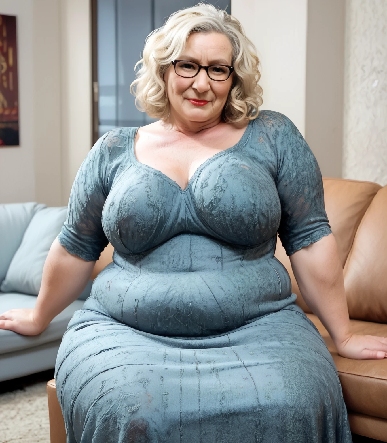Elderly grandma、Gray Hair、160cm super breasts、valley、huge breasts, Super Debu,fat,obesity、wearing almost transparent leggings and a sleeveless gray skin-tight blouse、Legs spread、Big Butt、sexual behavior、濃いArmpit hair、Three-section abdomen、Armpit hair,squatting with legs apart