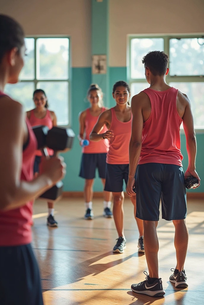 A very serious teenage girl and boy training at the gym doing the deadlift exercise
