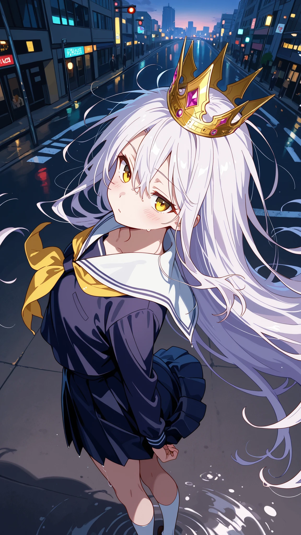 BREAK (masterpiece:1.2), best quality, high resolution, unity 8k wallpaper, (illustration:0.8), (beautiful detrealistic modern city street at dusk, wet road after rain, puddles reflecting traffic lights and buildings, glowing shop signs, evening sky, cinematic soft lighting, high detail, photorealism, ultra HD,shiro, long hair, hair between eyes, very long hair, white hair, messy hair, yellow eyes,,crown, shirt, long sleeves, school uniform,cleavege, serafuku, sailor collar, neckerchief, white sailor collar, yellow neckerchief,high white socks,raised hips,blush, seductive expression,floating hair,looking at viewer,cowboy shot,floating skirt,make-up,arched back,wide-angel,standing in middle,from above,
