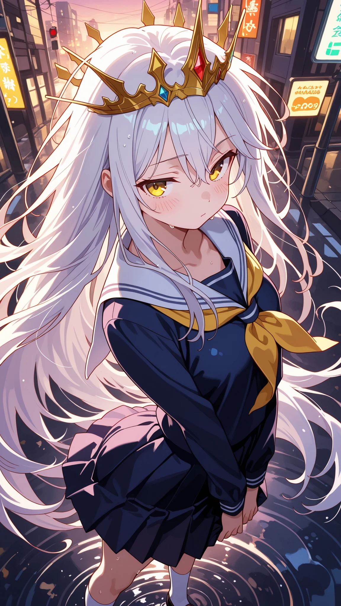 BREAK (masterpiece:1.2), best quality, high resolution, unity 8k wallpaper, (illustration:0.8), (beautiful detrealistic modern city street at dusk, wet road after rain, puddles reflecting traffic lights and buildings, glowing shop signs, evening sky, cinematic soft lighting, high detail, photorealism, ultra HD,shiro, long hair, hair between eyes, very long hair, white hair, messy hair, yellow eyes,,crown, shirt, long sleeves, school uniform,cleavege, serafuku, sailor collar, neckerchief, white sailor collar, yellow neckerchief,high white socks,raised hips,blush, seductive expression,floating hair,looking at viewer,cowboy shot,floating skirt,make-up,arched back,wide-angel,standing in middle,from above,