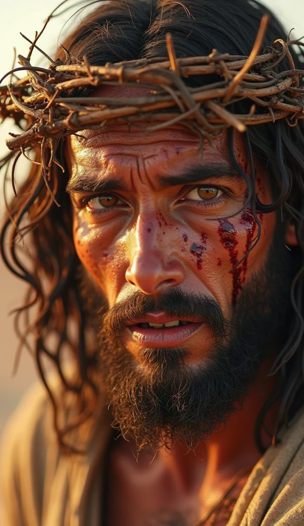 Close-up of Jesus on the cross with a crown of thorns, with blood, struck, stare penetrating gaze, sad, Retailer, hdd4K, realist