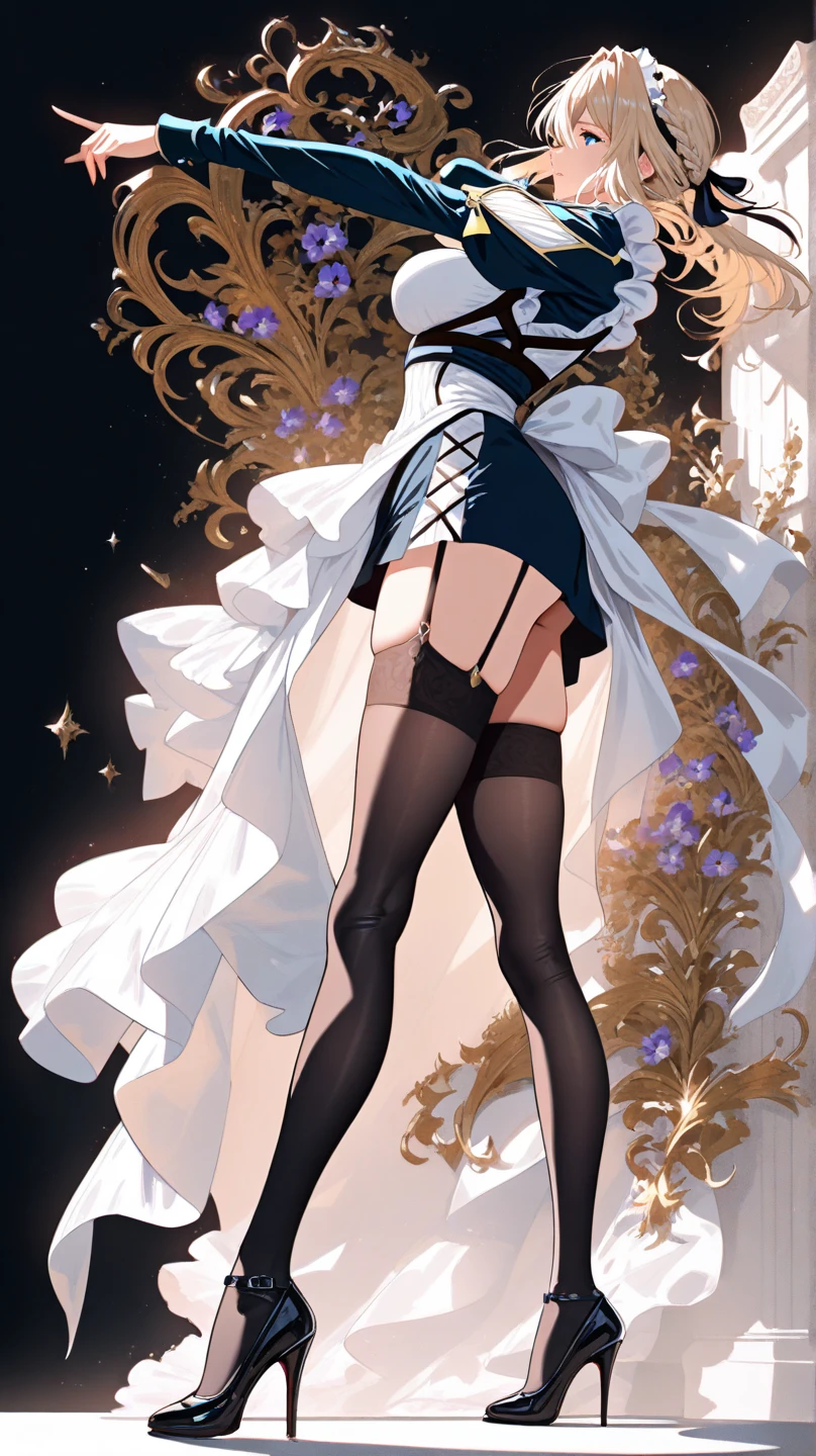 ((masterpiece, best quality)), Delicate face,JK Student,Full body painting,White,Perfect body proportions,Long wavy hair,beautiful eyes,Fantasy style,White背景,transparent,Fun,Lace,Pantyhose
