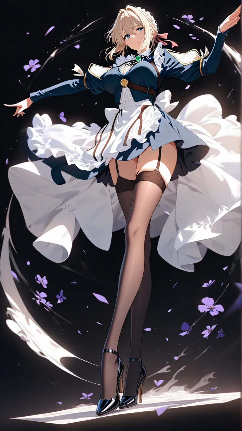 kaine \(nier\), bangs, frills, flower, ribbon, braid, bandaged neck, bandaged arm, black gloves, negligee, hair flower, high heels, white hair, medium breasts, thighhighs, hair ornament, long hair, lingerie, short hair, large breasts, breasts, yellow eyes, bandaged leg, white panties, bandages, thigh strap, silver hair, gloves, elbow gloves BREAK (darkness:1.2), full body BREAK masterpiece, best quality <lora:kainNierReplicant_1:0.6>