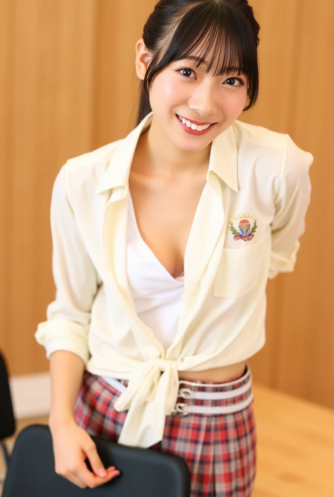 A laughing 18-year-old Japanese gal,( Open your mouth and burst out laughing)(Looking at the camera and laughing),(Anatomically correct,),masterpiece, Highest quality, Raw photo, Photorealistic,unbelievably ridiculous, Beautiful girls, cute,High resolution, Ultra-detailed,Cinema Lighting, 青白くSunburned skin,alone,woman,(Wavy Hair,Blonde), (school uniform:1.2),Loose socks, Glamour, Large Breasts,(Sunburned skin)