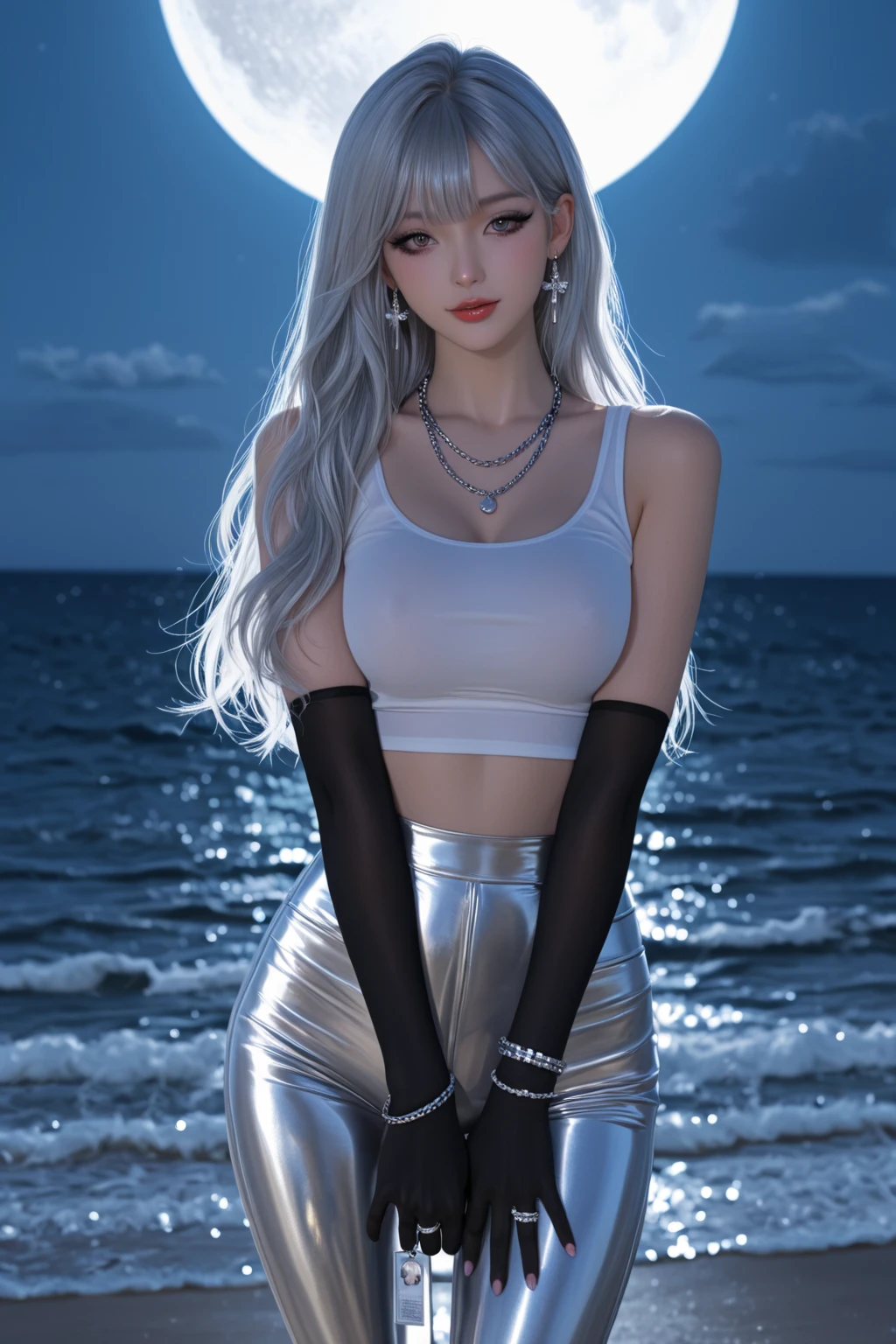 4K, (masterpiece), Highest quality,, ((Browsing Caution:0.9)), (Unbuttoned shirt), panties, (Big Breasts), Nipples, long white hair, blue eyes, smile, Full Height, Clear Eyes, Black eyelashes, (intricate and detailed), dramatic, tendency,Full Body Shot,Centered,Wild feeling,Ocean,