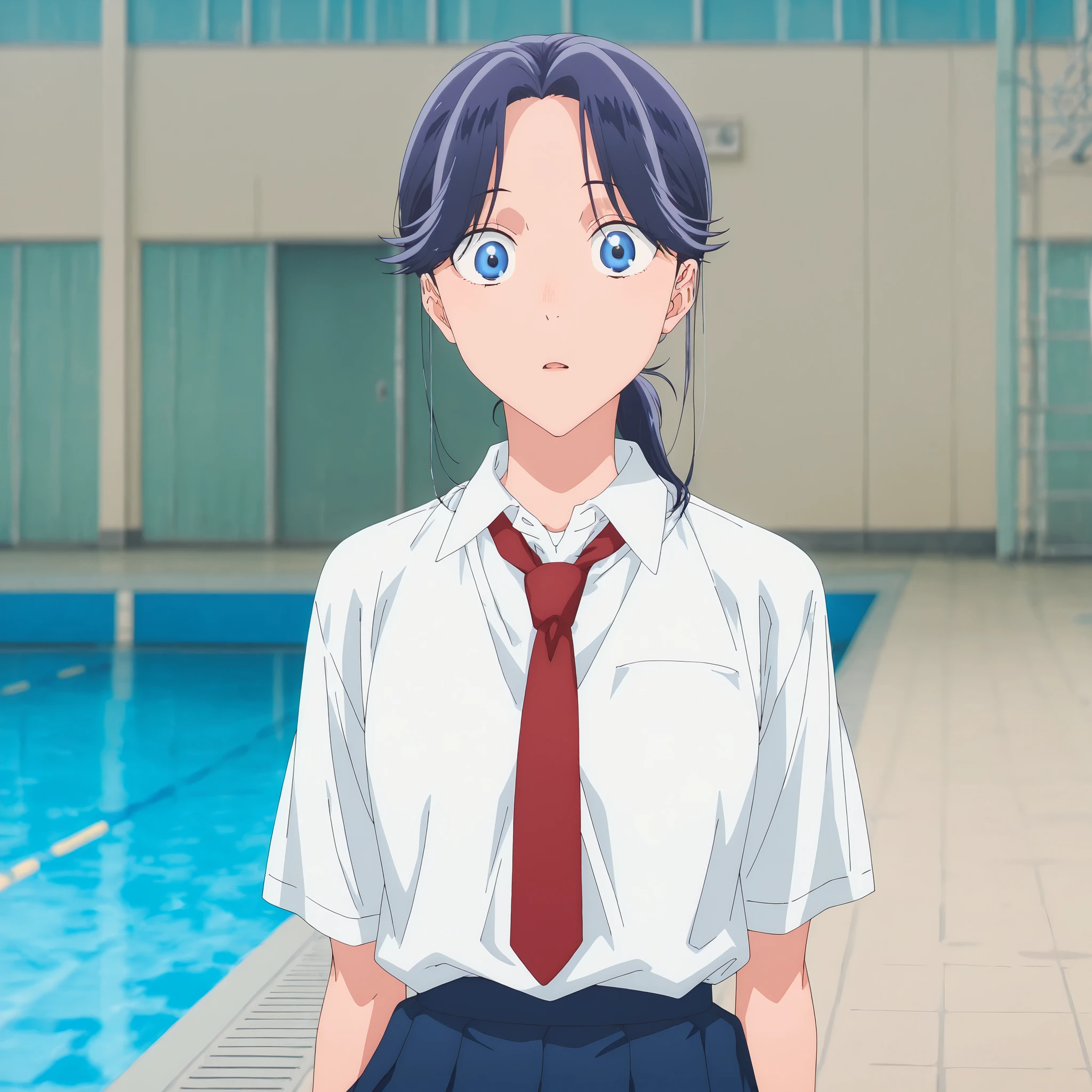 masterpiece, , absurdres, highres, detailed background, high resolution, masterpiece, necessary, detail, best quality, quality, necessary, details, High details, Precise, outdoor, ,school, pool, sidelight, , , , ,
detailed, anime screencap , anime coloring , official style , , , sitting, ,
Break, girl , , <lora:Amaye_Moriya-20:0.8>Ayame, solo, blue eyes, ((low ponytail)), blue hair, white shirt, collared shirt, necktie, pleated skirt, , small breast, looking at viewer, wide eyed,