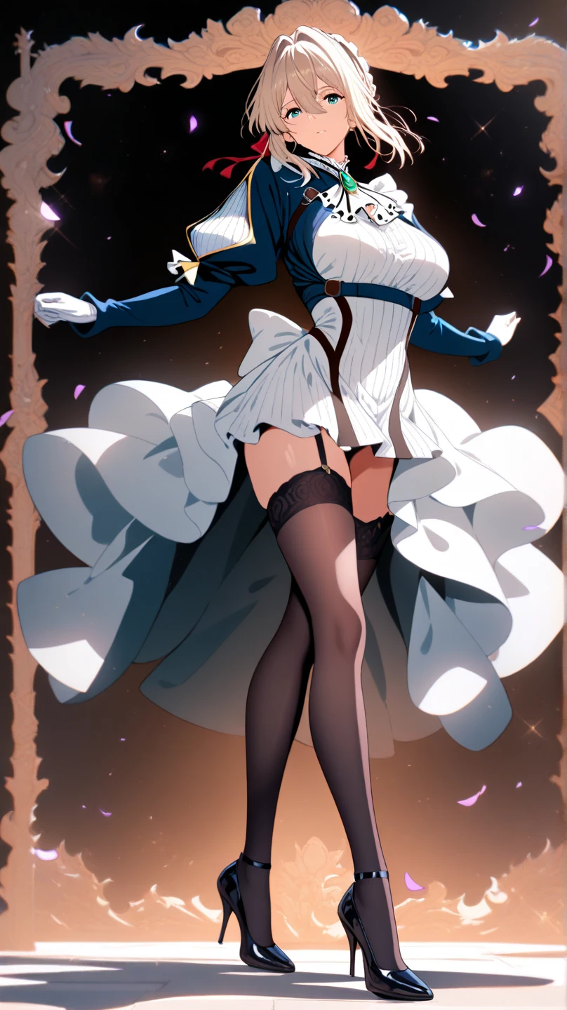 1girl, solo, breasts, looking at viewer, blush, smile, short hair, bangs, large breasts, simple background, black hair, gloves, white background, dress, bow, animal ears, tail, monochrome, full body, short sleeves, pantyhose, parted lips, white gloves, white dress, rabbit ears, high heels, wrist cuffs, black pantyhose, fake animal ears, playboy bunny, rabbit tail, spot color, twisted torso