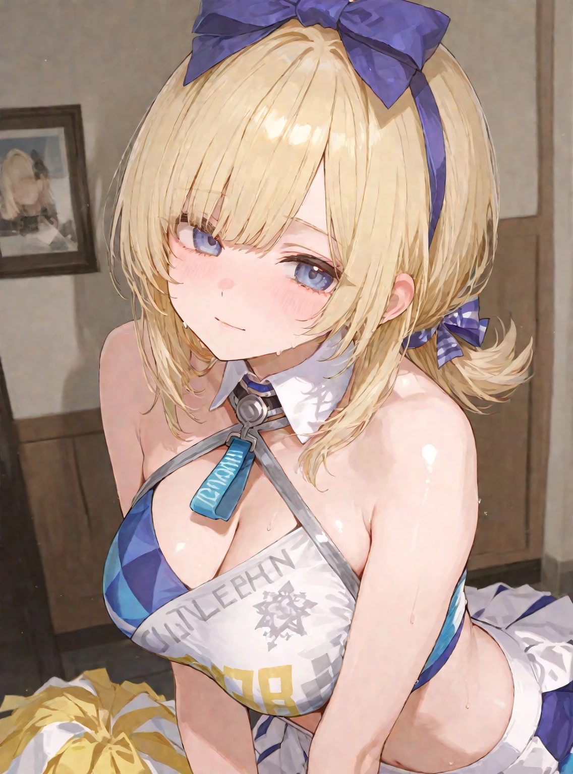 best quality, (masterpiece:1.2), detailed, medieval,
Rumia Tingel, 20 years old,
1girl, solo, blush,
medium hair, blonde hair, short ponytail, blue eyes, green bow, x hair ornament,
(((blue bra, nsfw))), blue eyes, ultra-detailed eyes,
standing, looking at the viewer, ((disgust, disdain, blush, close up)), ((upper body, close-up)), confronting viewer, medium breasts, medium hair, perfect anatomy.