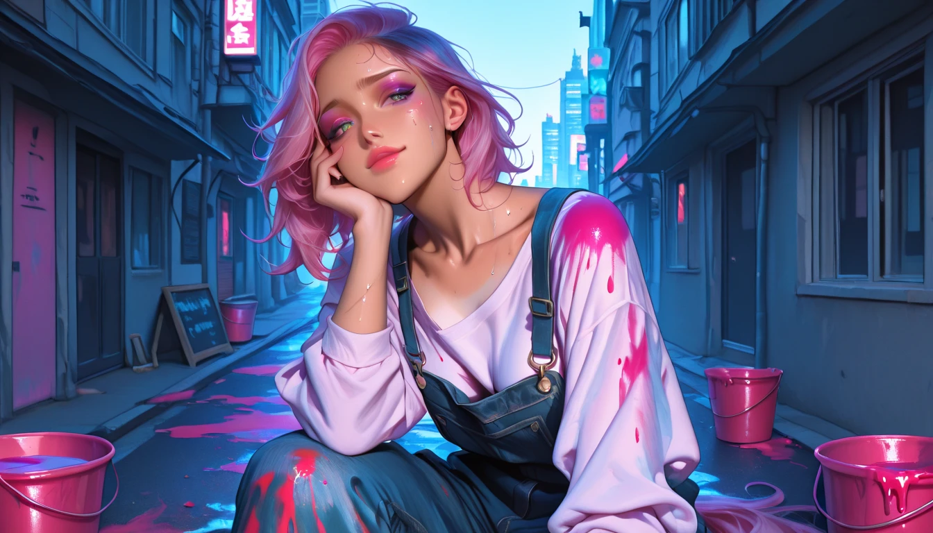 ((best quality)), ((masterpiece)), ((realistic)), (detailed), (1 girl) women, hoodie, arm tattoo, portrait, asymmetrical bangs, bandaid, short hair, bangs, , freckles, grey eyes, large , looking at viewer, neck tattoo, nose piercing, pink hair, solo, tattoo on face, upper body, detailed background, town, alley, dark alley, portrait, hood on head, night, angry, close up, closed mouth, , ((masterpiece)), absurdres