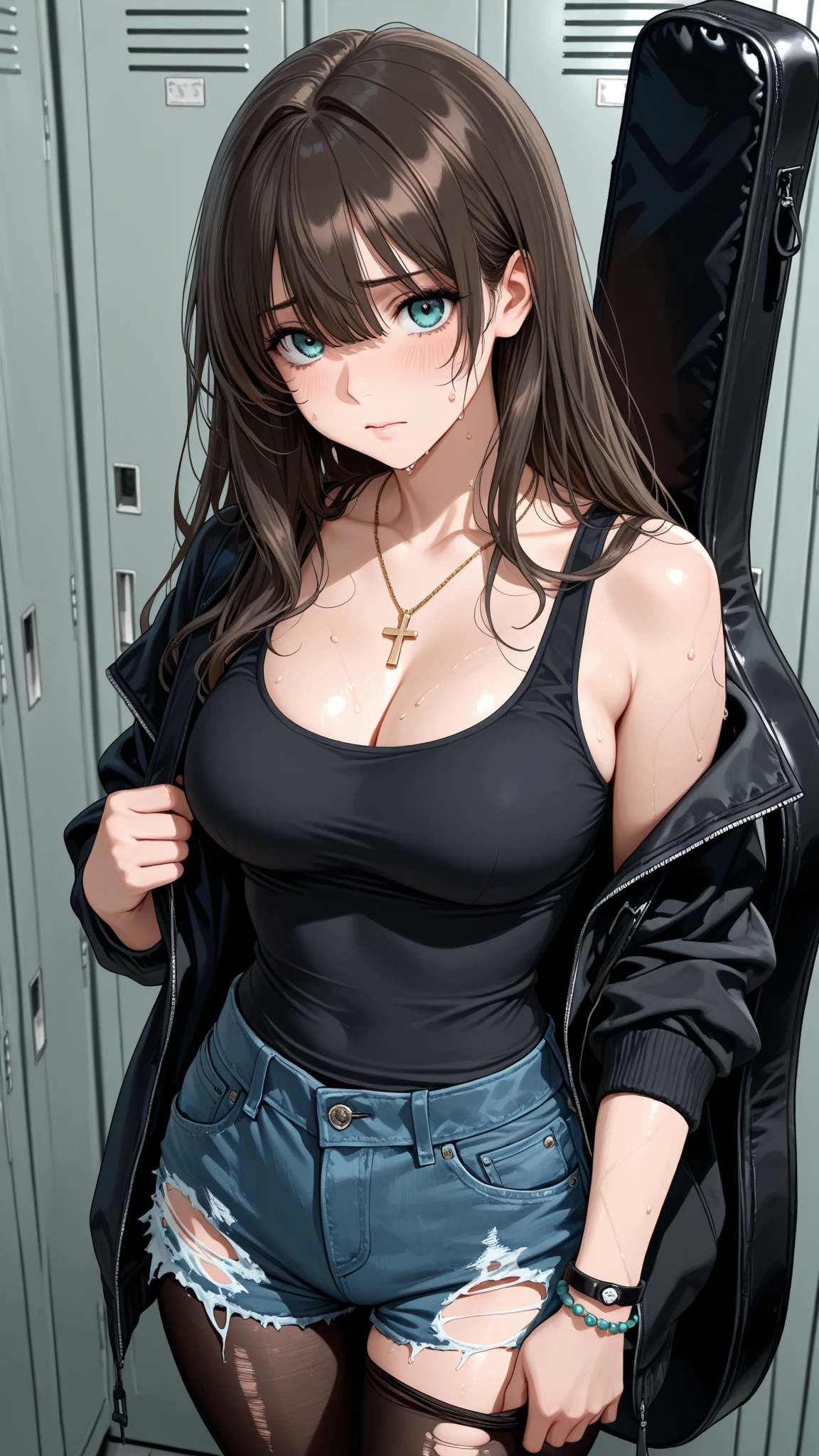  1girl, perfect face, wide hips, narrow waist, solo ,  KyokoDj, headpones around neck,  bangs,  brown eyes, long hair,brown hair, seductive smile, mall, shopping center,indoors, blush, lipstick, jewelry, earrings, Hot girl, baddie, mean girl, sensual, attractive, masterpiece, best quality, highly detailed, a girls with a gun, evil smile , open mouth, sexy gaze, badass
pose , evil smile, smile, (nsfw) not safe for work, guns blazing, anime girl with long hair, beautiful long
haired girl, navel, evil expression, exposed belly, exposed navel, exposed midriff, exposed lower belly,
long black pants, crop top, cleavage, unbuttoned leather pants ,open fly, low rise black leather pants,
leather jacket, holding a gun, holding pistol, navel piercing