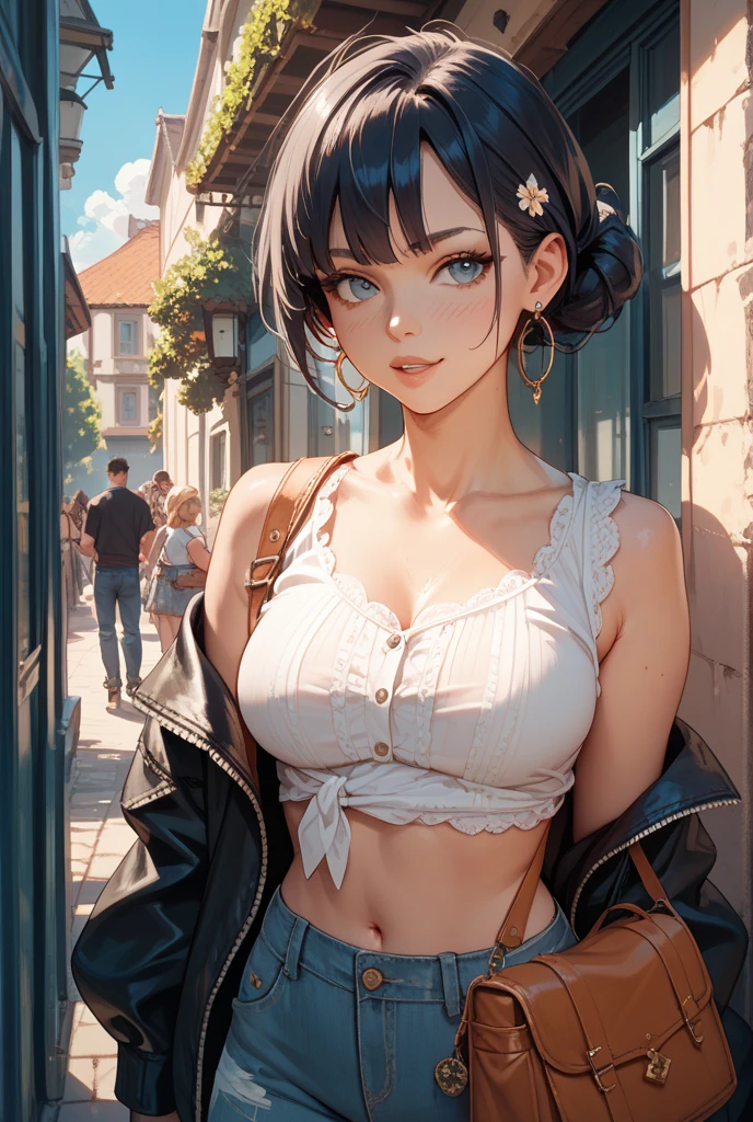 Girl with beautiful skin, braided brown hair, Box braids, blue eyes, smiling, black bra, white blouse, tube top, big circle gold earrings, freckles, big lips, pink lips, on a rooftop, she is holding a reporter microphone, new reporter, nyc skyline in the background, blue skies big clouds Wearing extremely tight jeans, extremamente sexy, 8k, (melhor qualidade: 1.0), (ultra highres:1.0)