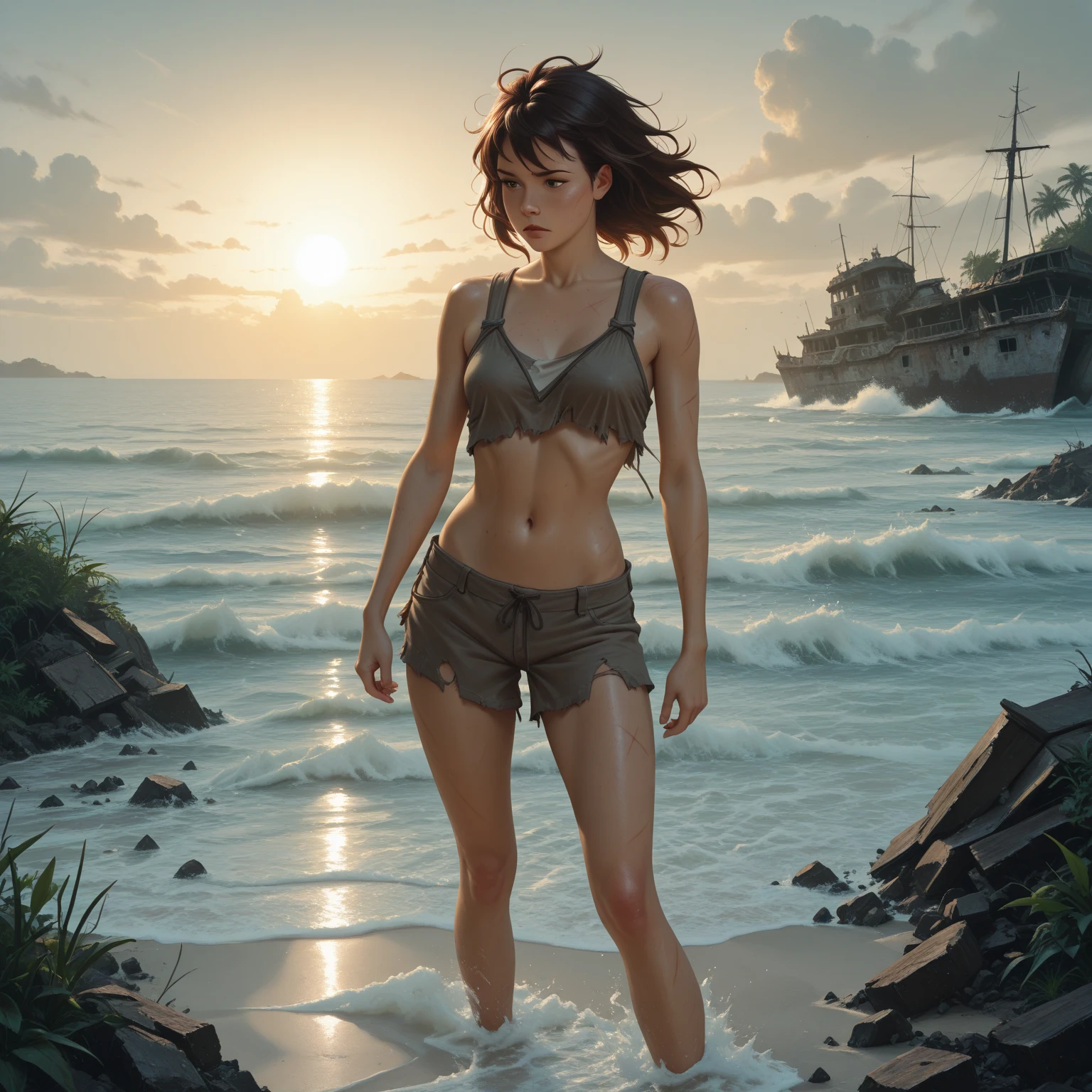((Halle Berry)), waist up, aberdes, tank top, silk skirt, dynamic pose, model shoot: photo shoot, HD, high contrast, sharp image, balanced eyes, CG rendering, small skull, collarbone detail, (best detail quality: 1.2), realistic, 8K ultra-fine, high-quality texture, fine texture, fine details, high details, extremely detailed CG, high-quality shadows, beautiful and delicate eyes, freedom, beautiful woman, see-through clothes, --auto --s2
