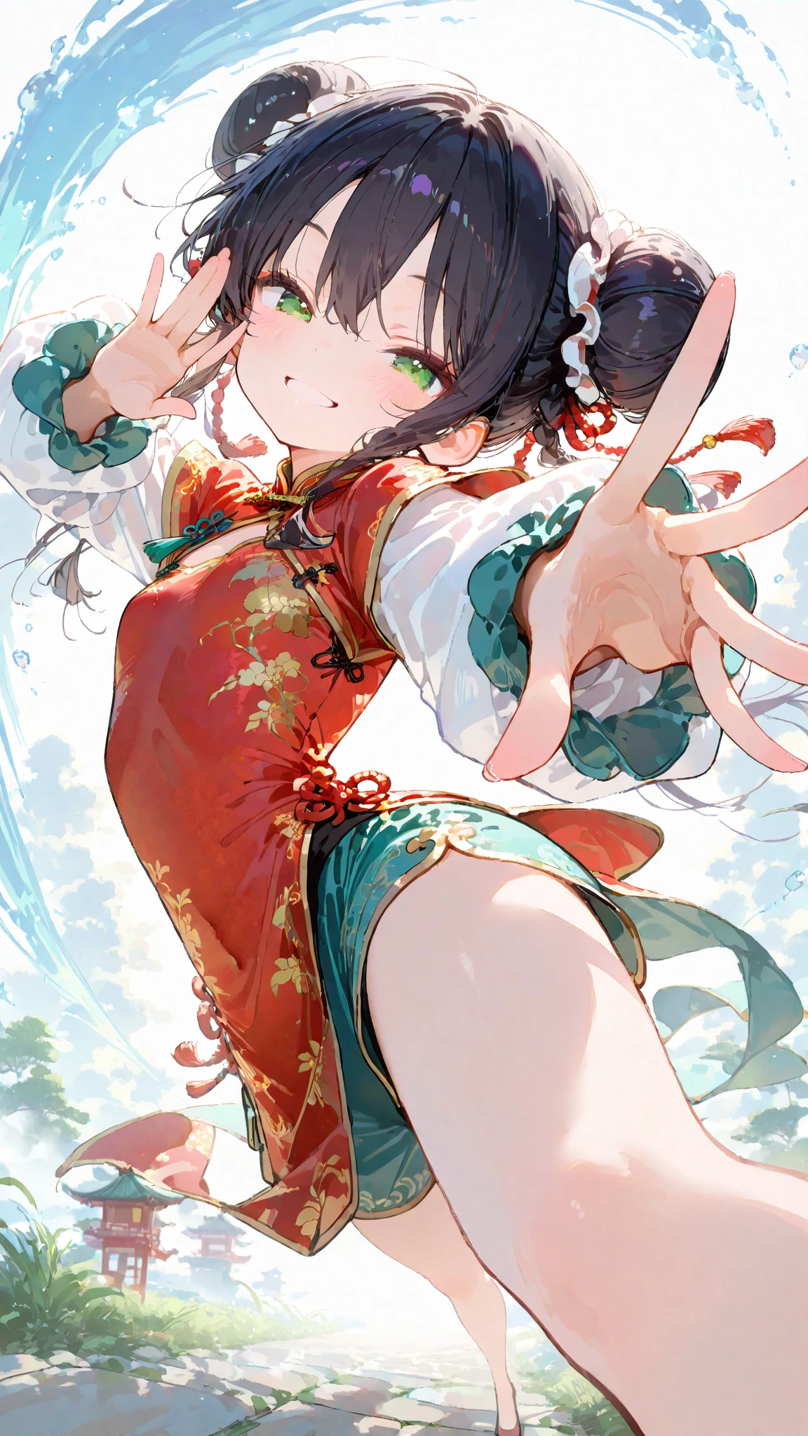 1 girl, cute, smile, chinese clothes, dynamic pose, foreshortening, extreme perspective