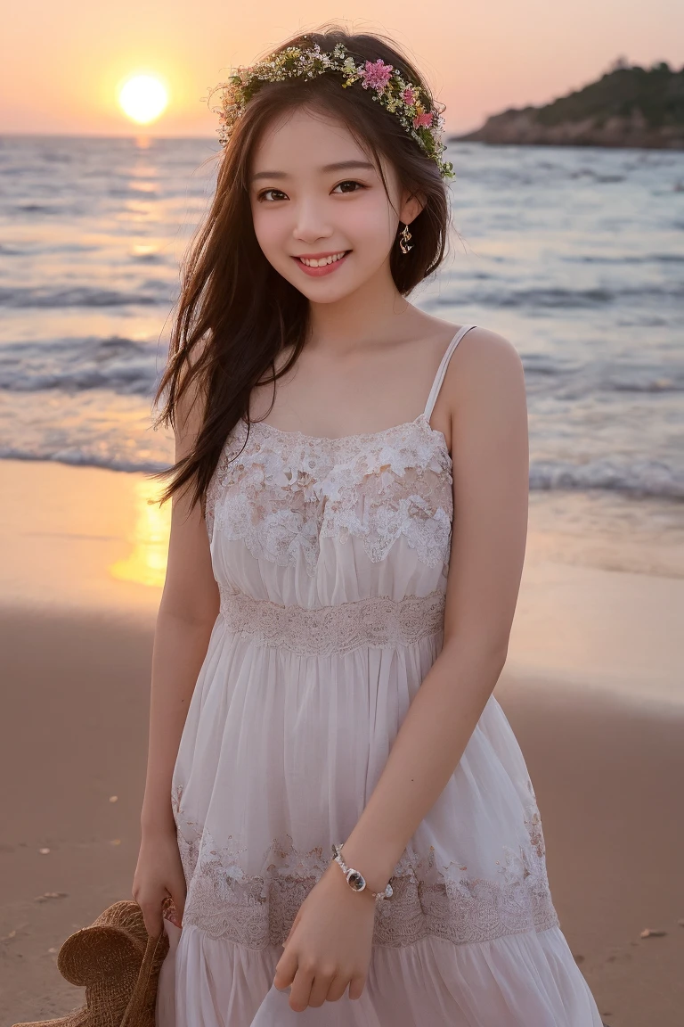 (8K, Highest quality, masterpiece:1.2), (Realistic, Realistic:1.37), Super detailed, 16 girls,cute,Alone,Beautifully detailed skies,date,(blush),(smile:1.3),(Mouth open)Small breasts,Beautiful attention to detail,(Long Hair: 1.2),Floating Hair NovaFrogStyle,（ Whole body 1：2）、Sukesuke dress、the wind is strong、Panty shot、Straw hat、Blonde、ponytail、Sunset on the beach、Playing in the sea、Hibiscus flower、information