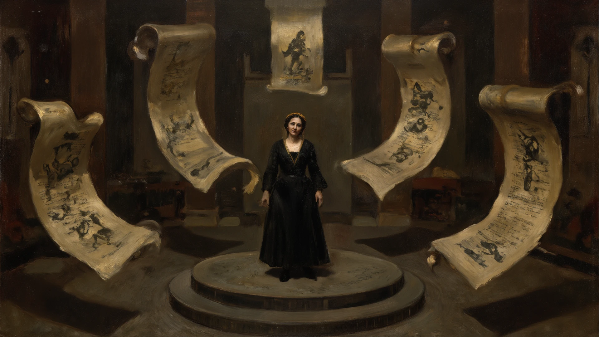 Dramatic chiaroscuro oil painting, swirling scrolls and pages suspended ...