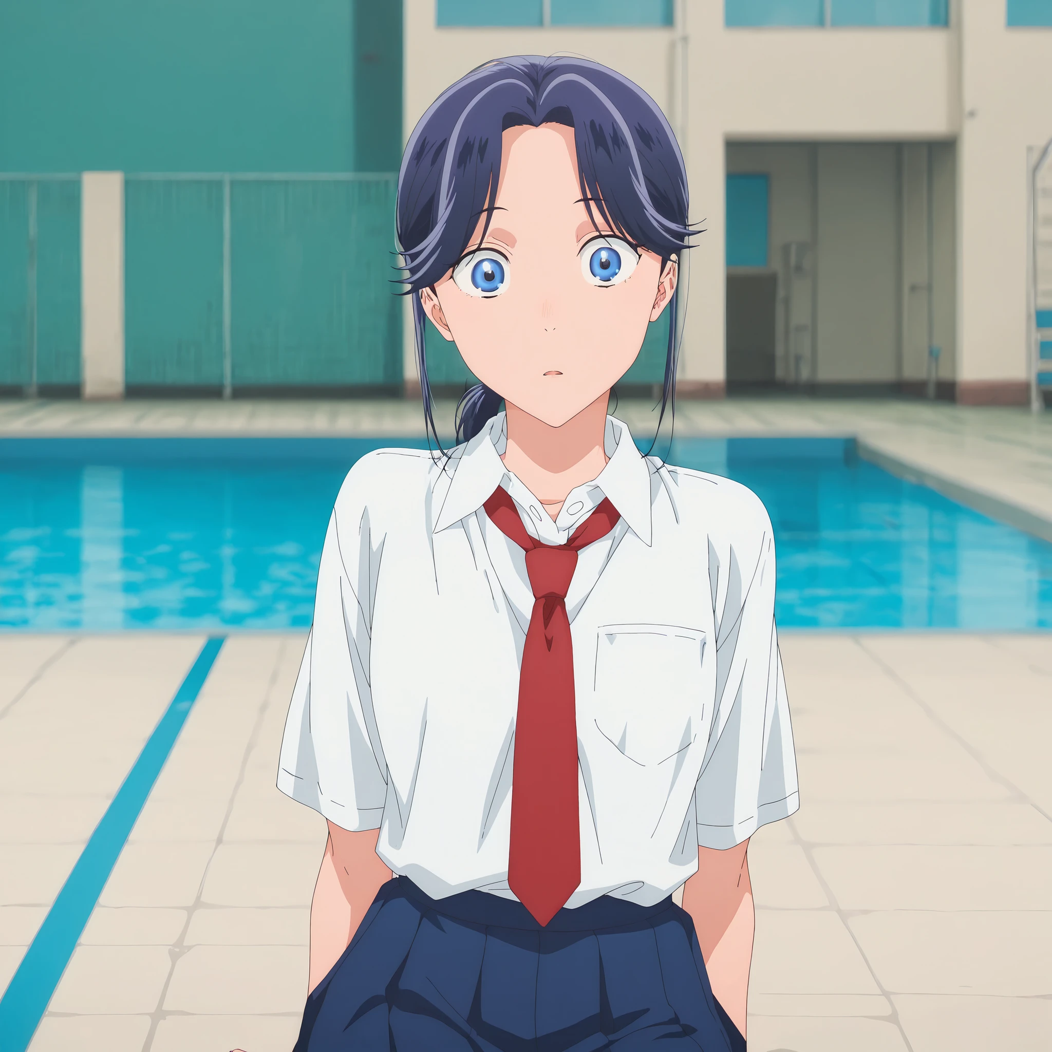 masterpiece, , absurdres, highres, detailed background, high resolution, masterpiece, necessary, detail, best quality, quality, necessary, details, High details, Precise, outdoor, ,school, pool, sidelight, , , , ,
detailed, anime screencap , anime coloring , official style , , , sitting, cowboy shot,
Break, girl , , <lora:Amaye_Moriya-20:0.8>Ayame, solo, blue eyes, ((low ponytail)), blue hair, white shirt, collared shirt, necktie, pleated skirt, , small breast, looking at viewer, wide eyed,