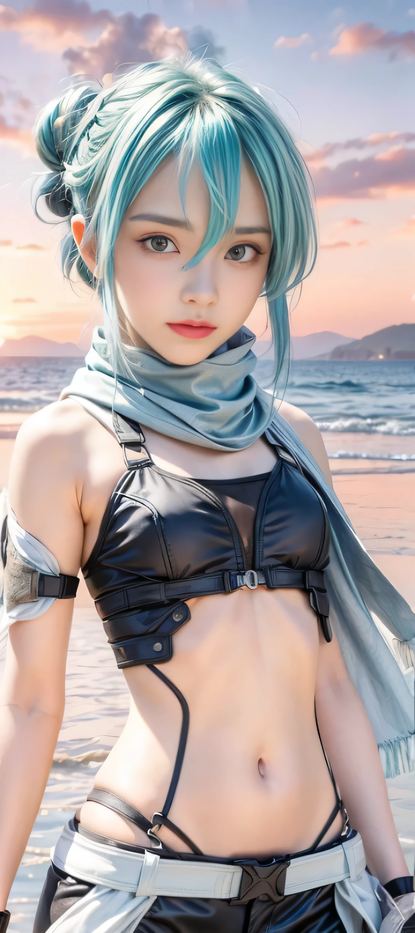 masterpiece, best quality, (realistic,photo-realistic:1.4), (RAW photo:1.2), extremely detailed CG unity 8k wallpaper, delicate and beautiful, amazing,finely detail, official art, absurdres, incredibly absurdres, huge filesize, ultra-detailed,extremely detailed eyes and face,light on face,shinon,(little smile),(blue hair:1.4),(undercut hair:1.5),sunset background,(sidelocks:1.3),black shorts,beach,(wear scarf:1.5),(hair bun:1.5),(wear tactical gear:1.5)