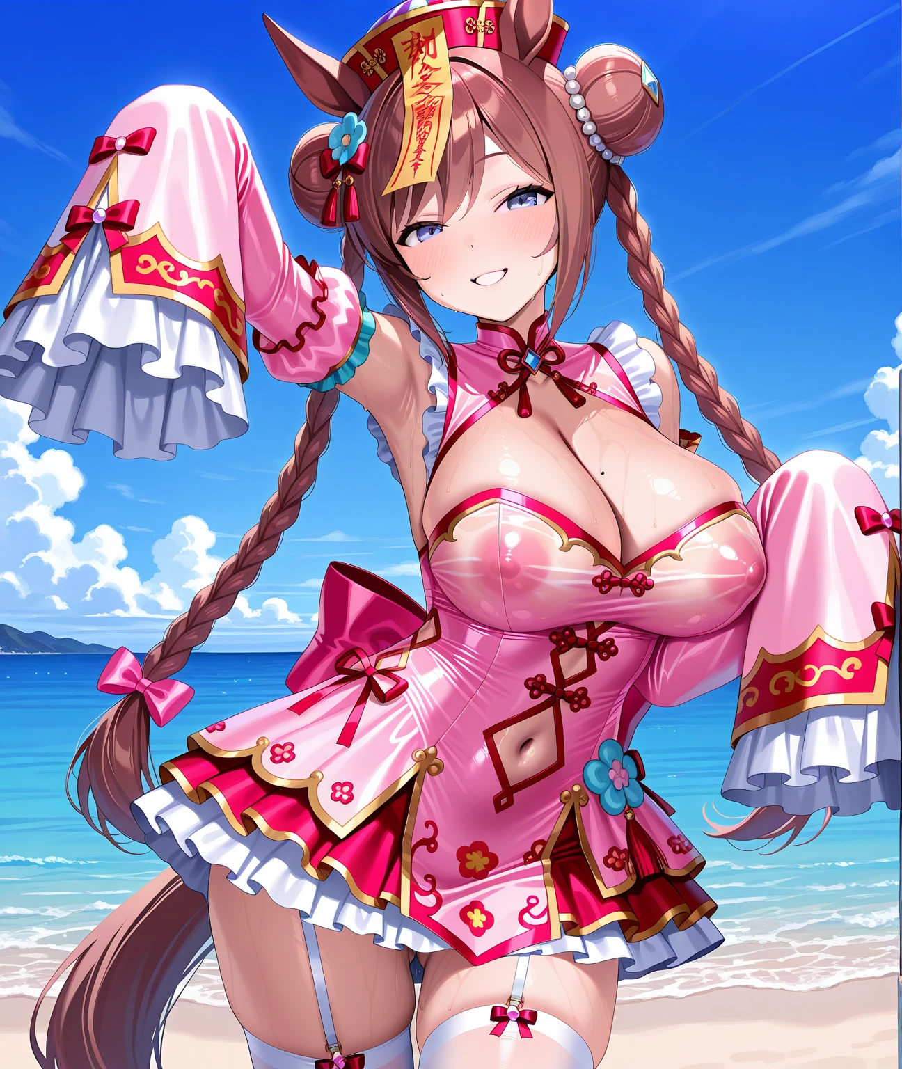 copano rickey\(umamusume\), (((ultra-detailed face))), beautiful face, symmetrical face, (masterpiece), best quality, front, horse tail, stadium, smile, (muscular), (abs:0.85), cheerleader uniform, bikini