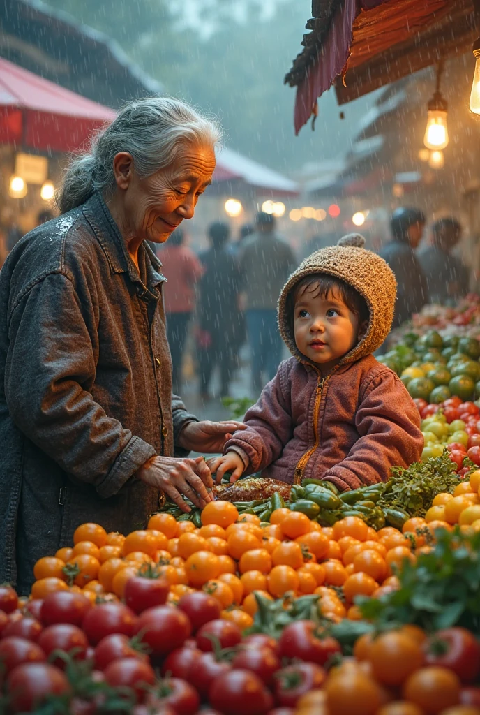 super realistic 4K close up of a 50 year old Indonesian woman wearing adire batik with a dark red and blue geometric design with a basket of oranges on her head, she is feeding her baby in front while walking in the middle of the street in the rain. dynamic pose. smile blurred background. hard working, rough, very detailed