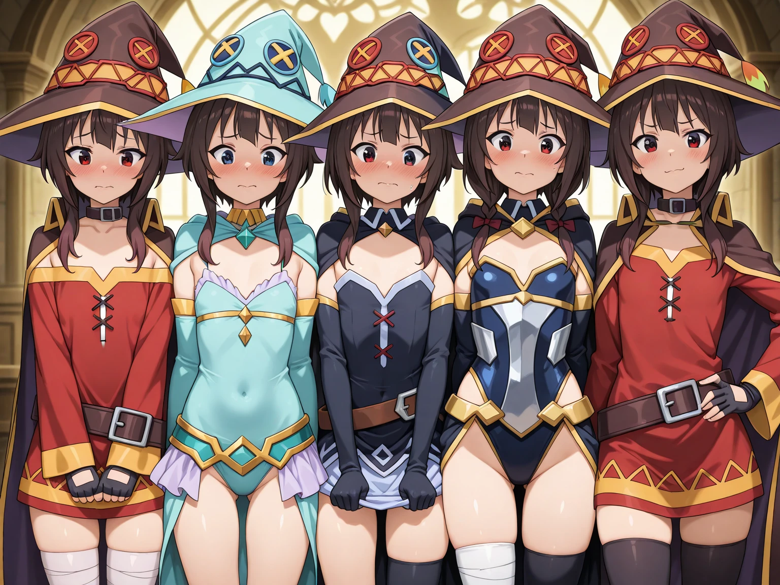 masterpiece, best quality, 3 characters, high fantasy outfits, ((white background)), full body, multiple views, thong, cleavage, holding weapon,