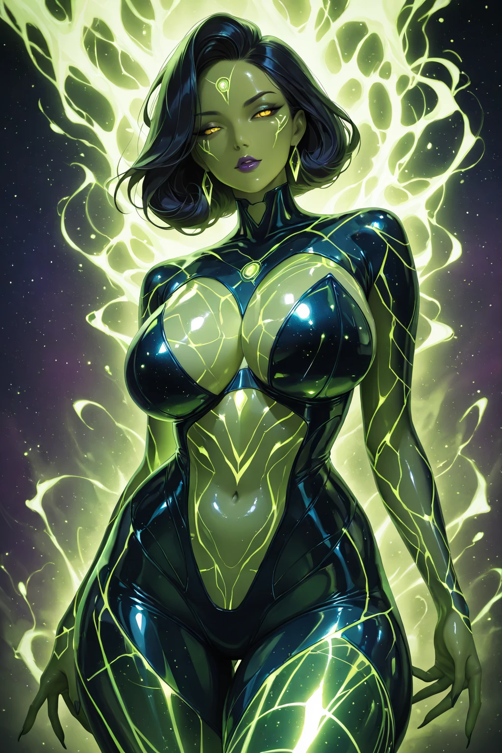 A gorgeous Latina mutant with short black hair, (green scaly skin, golden eyes), huge breasts, thick thighs and wide hips, wearing a (black and orange leotard, thigh-high boots, long gloves).  Fire powers.