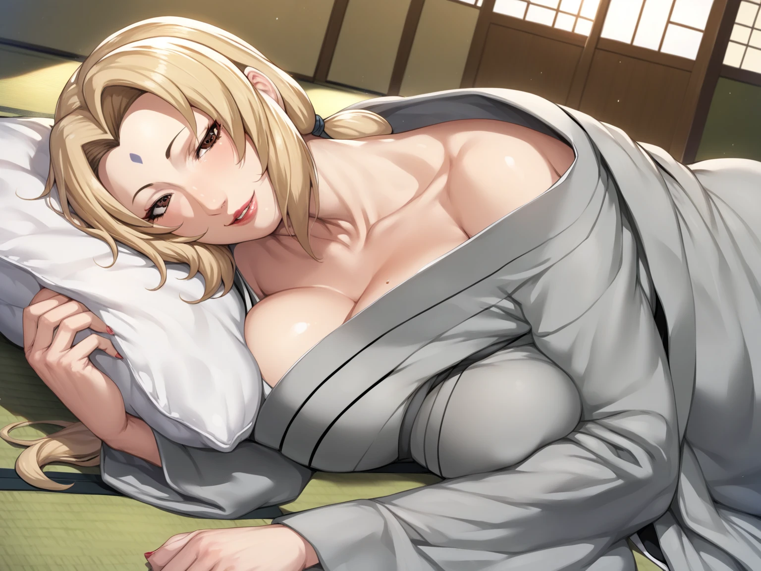 (one female: 1.5) wearing floral pink and purple kimono, blonde very long ponytail, extra long hair, beautiful blue eyes, showing cleavage, kneeling on bed alone, alone (SOLO: 1.5),(ALONE: 1.5), large chest, curvy, beautiful detailed eyes, perfect hands, detailed hands, delicate hands, perfect body close shot, best quality:1.5, bare shoulders, sexy legs, (tarot cards on bed: 1.5), (VERY LONG HAIR)