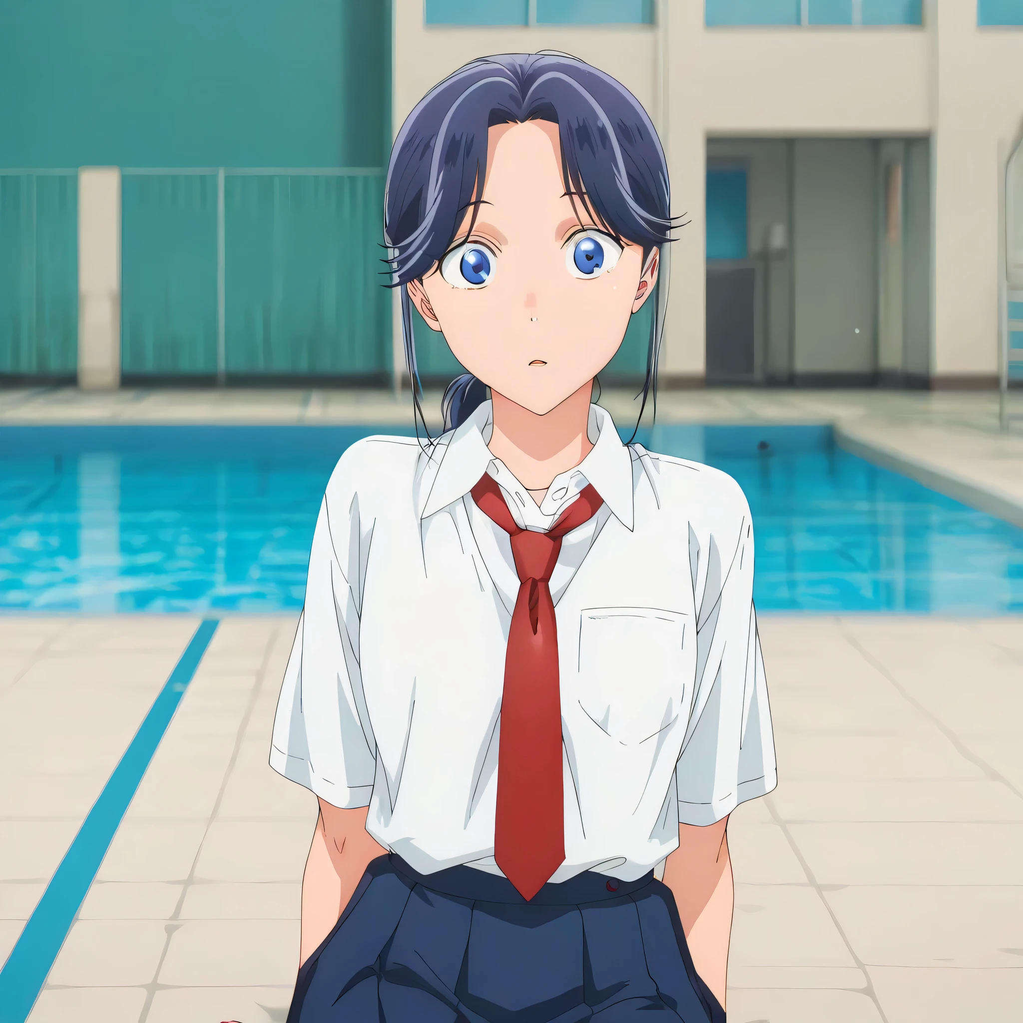 masterpiece, , absurdres, highres, detailed background, high resolution, masterpiece, necessary, detail, best quality, quality, necessary, details, High details, Precise, outdoor, ,school, pool, sidelight, , , , ,
detailed, anime screencap , anime coloring , official style , , , sitting, cowboy shot,
Break, girl , , <lora:Amaye_Moriya-20:0.8>Ayame, solo, blue eyes, ((low ponytail)), blue hair, white shirt, collared shirt, necktie, pleated skirt, , small breast, looking at viewer, wide eyed,