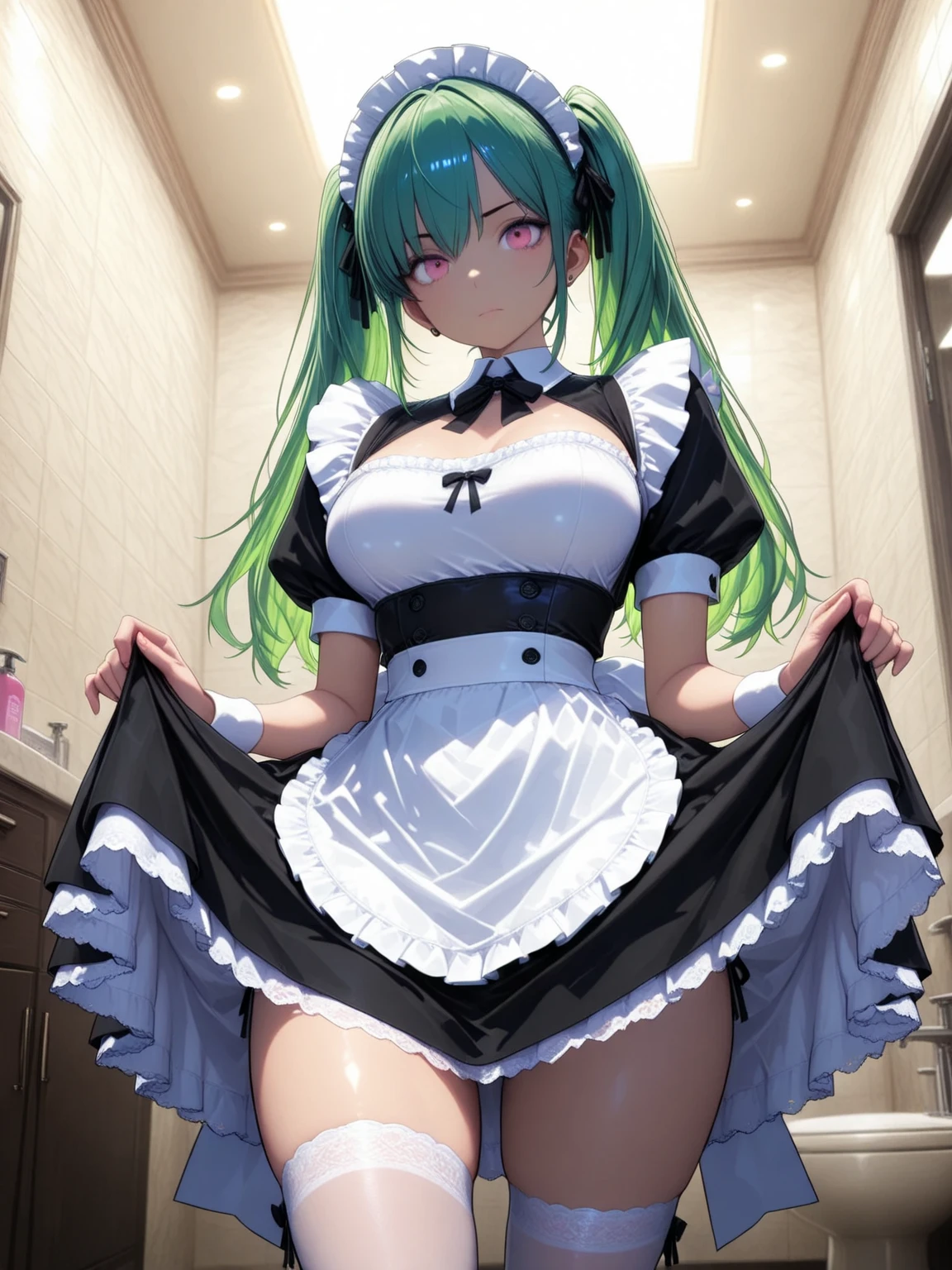 One girl, masterpiece, cute girl, no panties, crawl on all fours, looking back, spread legs, maid clothes, white knee high socks, pussy juice, large breasts, light green hair, long hair, detail, 4k, sexy, good pupil, 4k, detailed