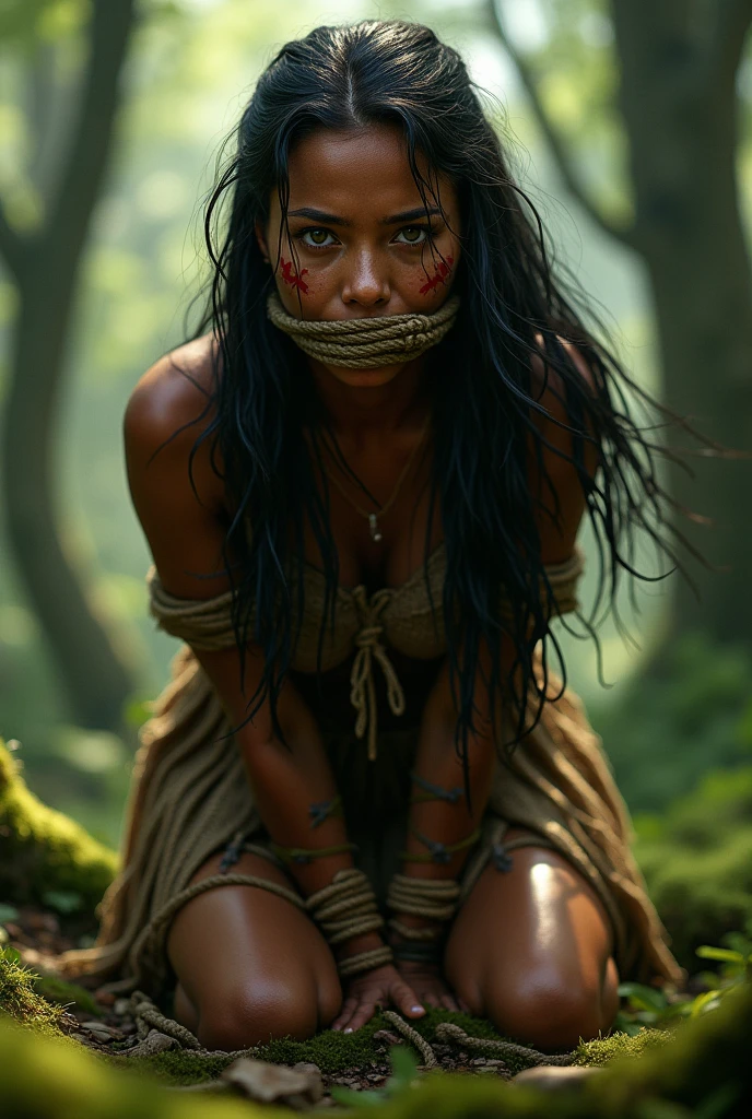 (((Zoe Saldana))), (sitting on a stool in the forest), (next to the squat is a goat), (small head), ((she wears clothes made of brown jute fabric that only hang in shreds from the body)), ((torn tube top made of jute fabric)), (((torn skirt made of jute fabric))), (((clothes made exclusively of jute and in tatters)), (photorealistic), (ray tracing), (cinema lighting), (sharp focus), natural and realistic skin textures, ((round breasts)),  ((tousled hair)), ((all the skin and clothes are very dirty))
