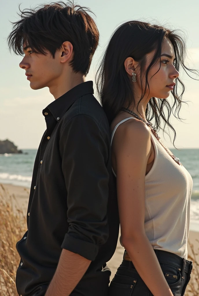 black-haired man with short curly hair wearing black shorts and a black shirt with white skin, blue eyes and German features, and a woman with brown hair and violet eyes wearing a white dress and white skin with tender features walking on the shore of a beach with blue bioluminescence during a starry night under the moon while holding hands, al rededor de ellos hay arrecifes de coral y piedras grandes