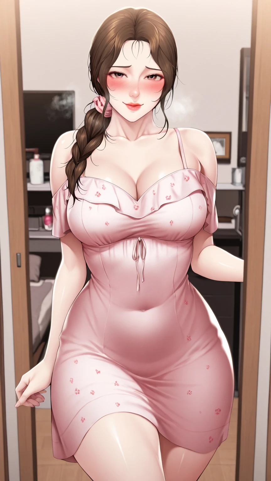 An extremely and insanely beautiful gorgeous pretty cute sexy busty mother with a doll-like face and her extremely bright snow white fair flawless lush shiny skin and complexion and gold open hair blonde hair, hair ornament and flowers and red ribbon on hair, age 23, oceanic big blue eyes, bright pink cheek blushes, brown-black eyelashes, pink puffy lips, pink nails, goddess-like extremely cute sweet smile, face full of life, wearing a gold necklace, gold chain belt on waist, wearing a short cute loose thin revealing floral bright pink floral robe-like-dress, Blue off-the-shoulder sweater, yellow shiny heels, gold bangles, looking at the viewer straight, standing straight in a cute position, tight skinny perfect hourglass figure, big green lawn in the background, day time, show full body from head to feet.