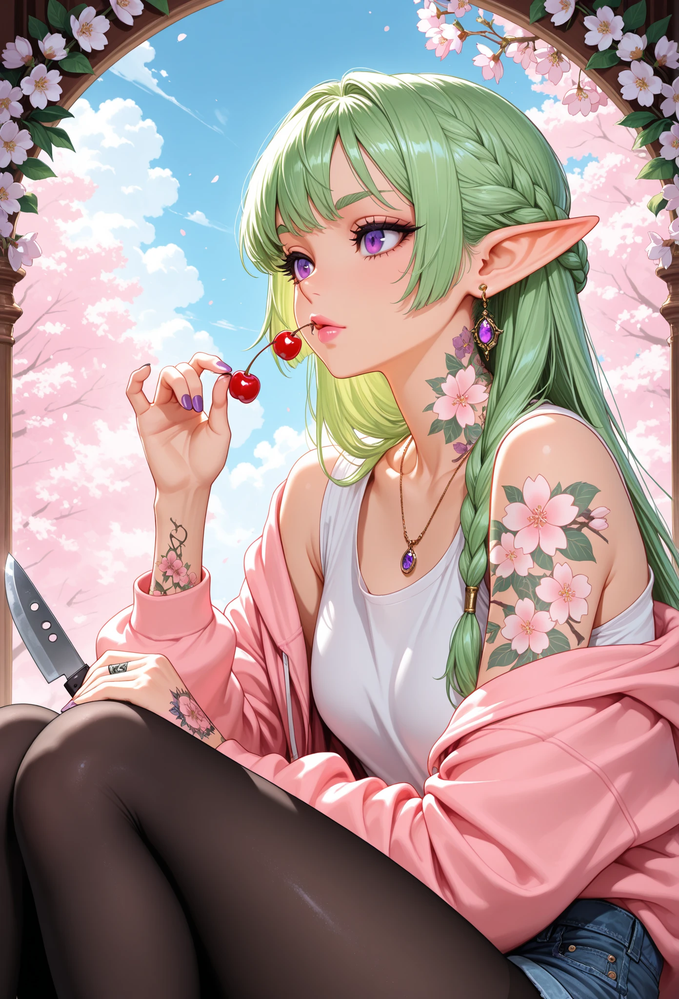 (masterpiece, best quality), 1girl,  <lora:Tokoyami Towa:1> white blouse, black skirt, pink purple hair, green eyes, multicolor hair || pink purple hair, green eyes, multicolor hair