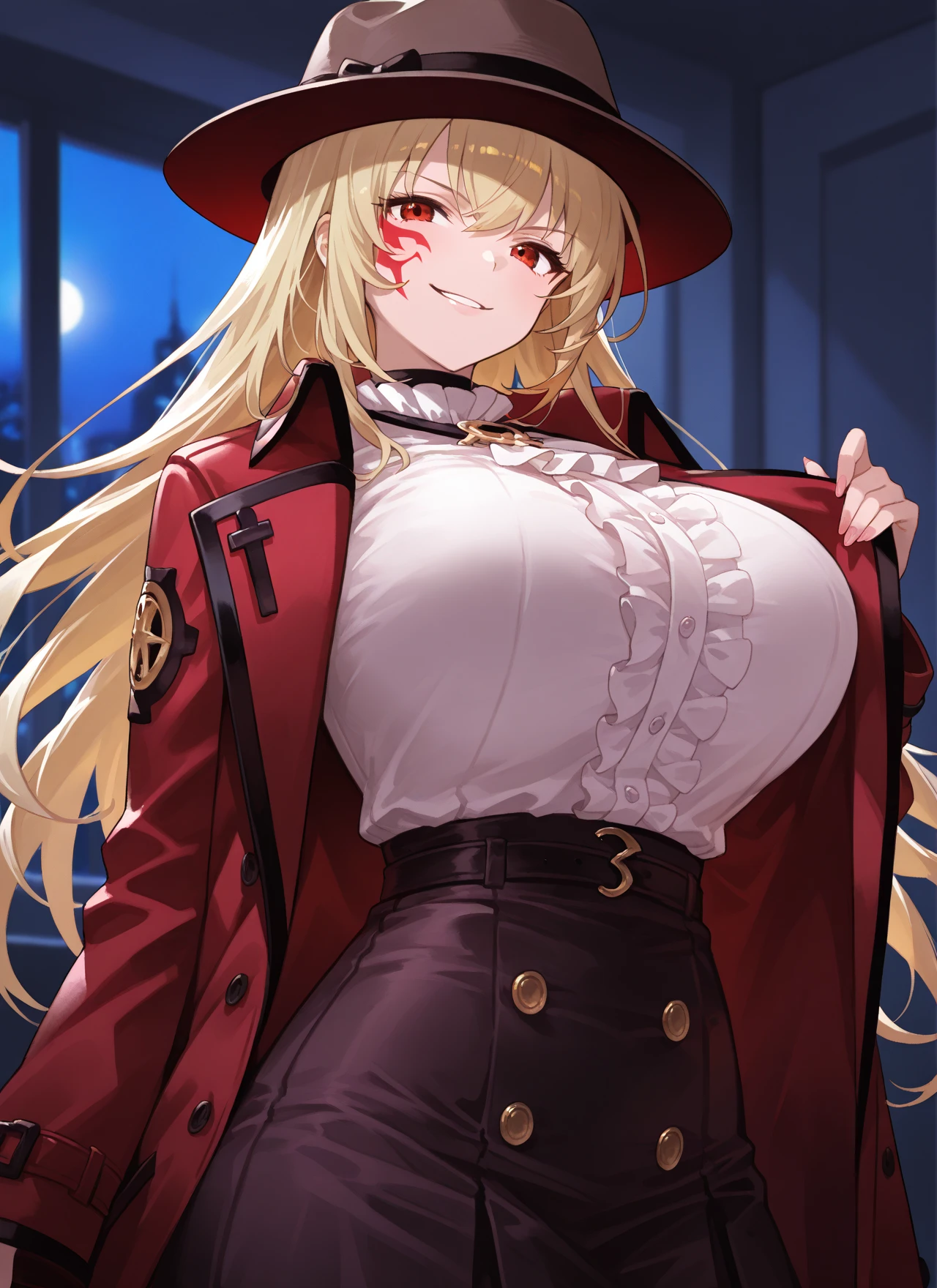 (hyper extreme detailed),(masterpeace),(hyper extreme),(photorealistic),CG,(colour:1.2), beautiful lighting,light from the front,rating:safe,solo, bismarck,blonde hair,long hair,red eyes,black_gloves,garter_straps,zettai_ryouiki,pleated_skirt,black_skirt,stoking,high_heels,black shrite,long_sleeves,black_cape,short_dress, wearing military hat, holding a sabre, looking lewd, sideboobs