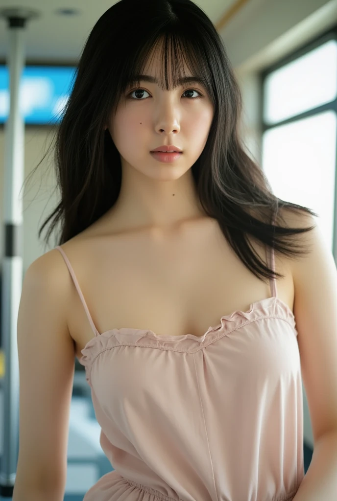 masterpiece、highest quality、16K、High resolution、UHD，Depth of the bounds written、soft light、professional lighting、Pale shading、Weak contrast、Japanese、beautiful girl、Slender woman、daytime office、Window seat、sitting in front of the computer、A tight pastel-colored camisole that clings to the breasts、navy pleated skirt、micro mooth and beautiful thighs:1.6）、(small breast:1.0)、Faint cleavage、fine and beautiful eyes、（cute hanging eyes）、（thin eyebrows）、（thin lips）、gentle smile、(long wavy hair、high ponytail),(The bangs are see-through bangs)、