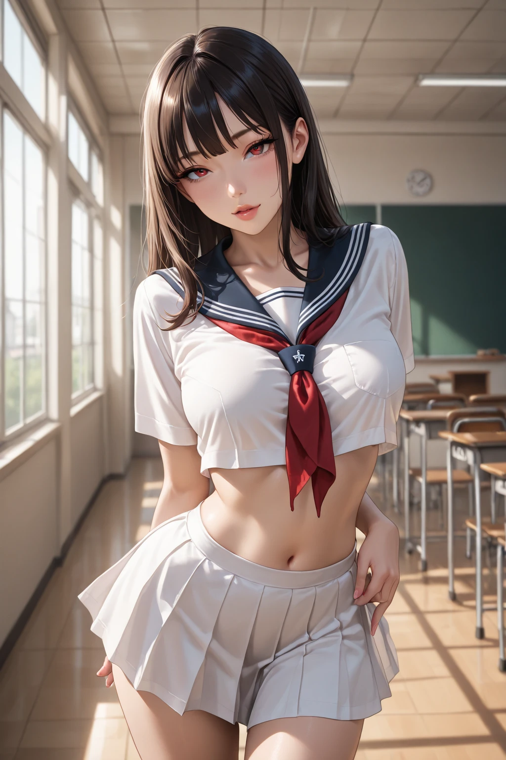 Woman in classroom, ((crop top sailor suit)), blue student skirts, open navel, open belly, (show abdomen area), dress properly , well dress