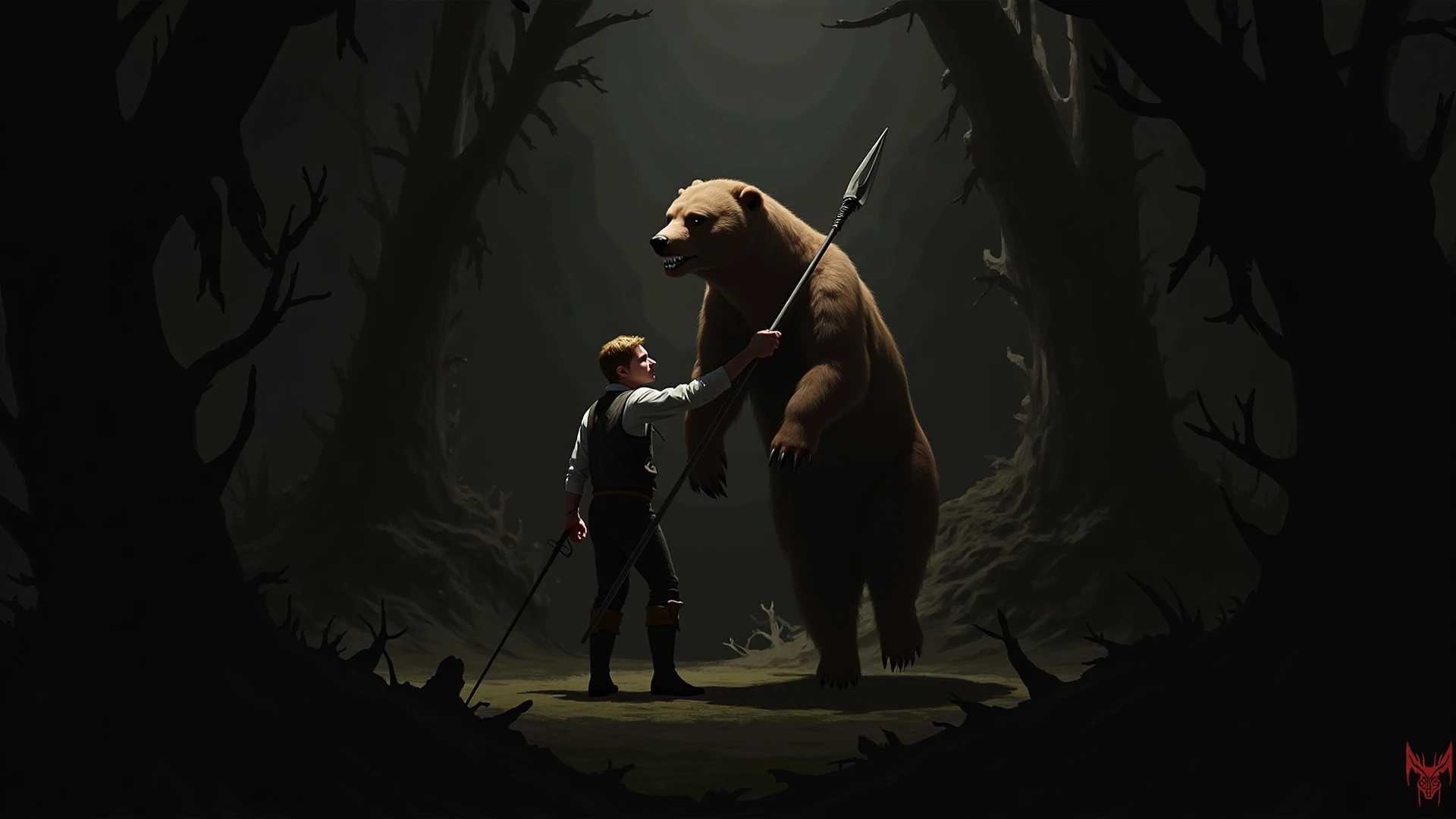 a male bear having sex with his rhino friend under a wooden bridge next to a campfire