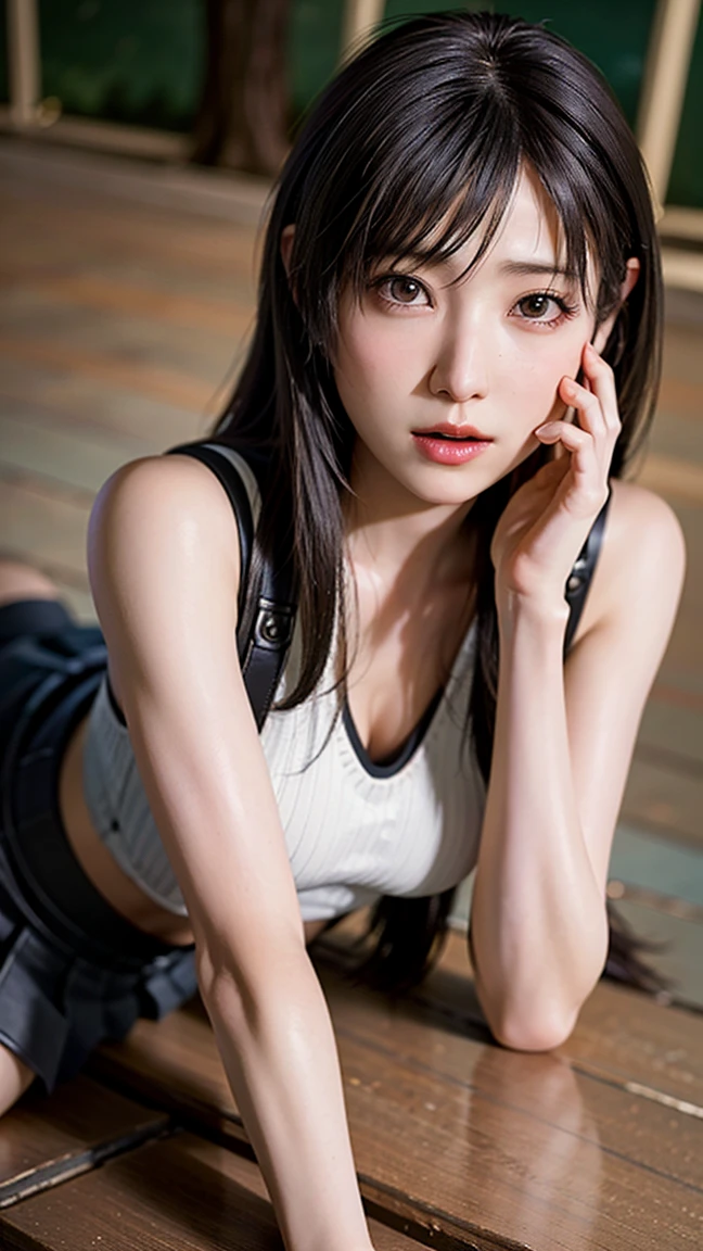 An innocent 20-year-old girl, (White sleeveless collared shirt and tie:1.5), (Leather mini skirt＆Garter belt set:1.5), (High heels), (Dramatic Pose),smile, (High Ponytail),nature Park、RAW Photos, (8K, Highest quality, masterpiece:1.2), (Intricate details:1.4)、(reality:1.4), Octane Rendering, Complex 3D rendering with ultra-detail, Studio Soft Light, Rim Light, Crisp details, Super detailed, Realistic skin texture, detailed aspects, Beautiful details in the eyes, Highly detailed CG Unity 16k wallpaper, Compensate, (Detailed Background:1.2), Glowing Skin, whole body, ((Thin legs)), Narrow waist, Cleavage, (Looking at the audience:1.2),(((whole body画像))),(((Lying down)))