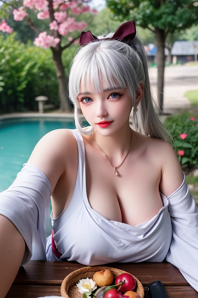 one nine-tailed fox girl wearing a kimono with her chest almost exposed lay dawn, Beutiful blue eyes, skin white,pale skin, white kimono, very long white hair, fox ears, nine fox tails, chest almost visible, very large chest, very huge chest, very huge breast ((very huge breast 1:1))