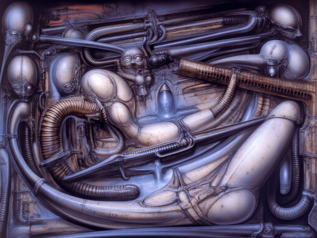 The image is a detailed view of H.R. Giger's biomechanical tableau \" Landscape XVI \" plate, .
(masterpiece, HDR ,UHD , uplight, in HRGigerArhP style):1.
surrealistic painting  portrays a woman lying on a futuristic chair with octopus tentacles wrapped around it., surrounded by a chaotic scene of swirling clouds and other monsters.
 It's a complex network of bones and organs in eldritch color scheme:a greenish-brown hue ,swirling gery and brown colors. The artwork is silverish and green brown, with an ivory bones prominently displayed. The image is highly detailed and intricate, almost like a 3d version of a medical sketchwork.   
The piece is a tableau, most likely created with a India ink pen or pencil on paper, determined by the thin lines, shading techniques, and the texture of the paper, which is visible around the edges.
Used is pen, given the shading and variations in line weight visible in the image. Artist have used a variety of stylus with different degrees of hardness to achieve the shading effects.
 The use of undersaturated green-grays dark contrasts creates a stark and graphic look. Is used a variety of linework techniques to create different textures