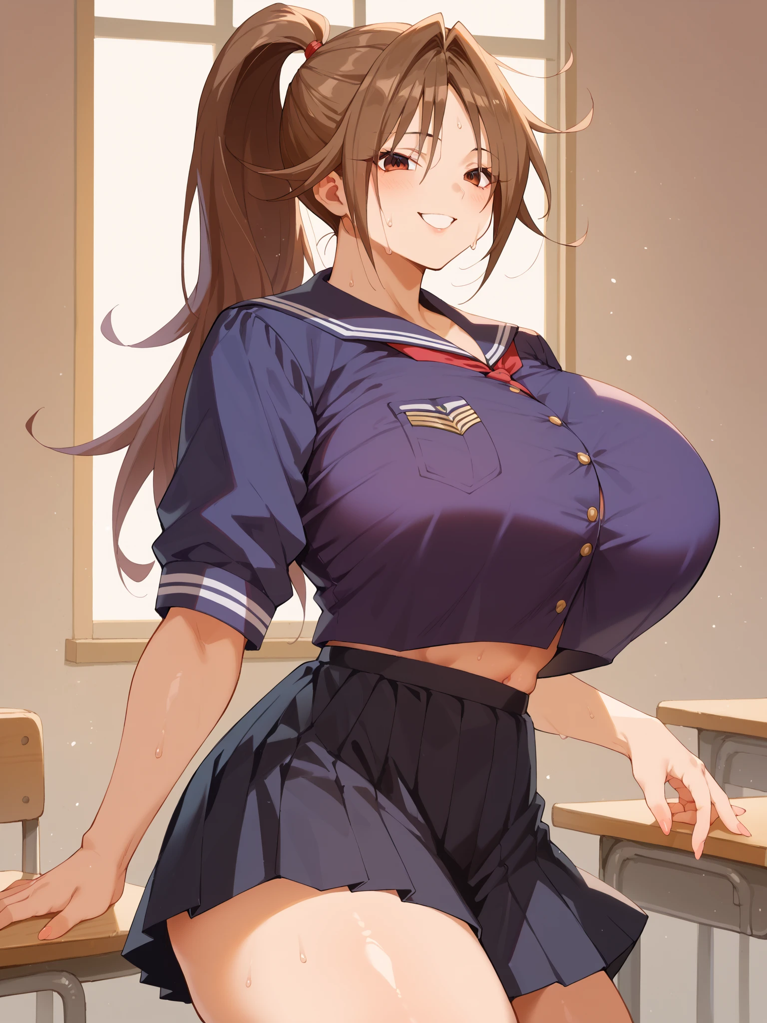 NSFW,Yuuki Asuna、Long Hair、Brown Hair、(Brown eyes:1.8),(school uniform:1.5),mini skirt,pantyhose,Big Breasts,Cleavage,clavicle,(Perfect hands),(Perfect Anatomy),(masterpiece),(highest quality),School,classroom,Embarrassed,blush,Skirt Lift